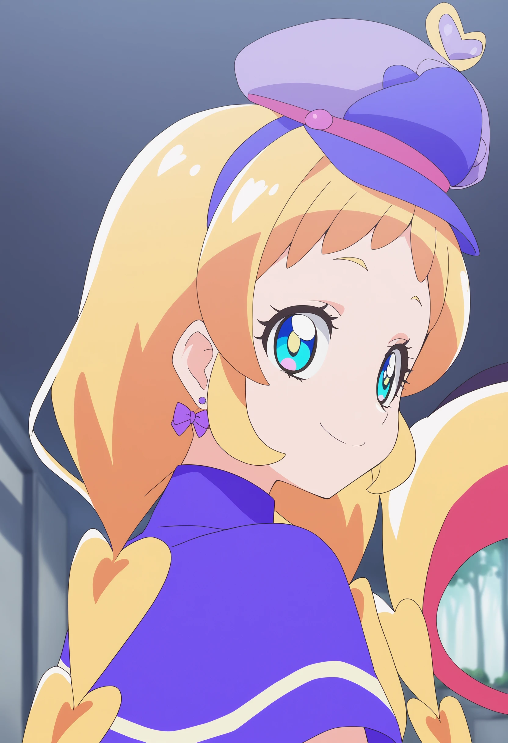 1girl, cure friendy, wonderful precure!,  <lora:friendyXLv1:0.7>,blonde hair, long hair, blue eyes, hat, twin braids,magical girl,
ceiling, portrait, looking back, smile, in street, closed mouth,
best quality,medium quality,