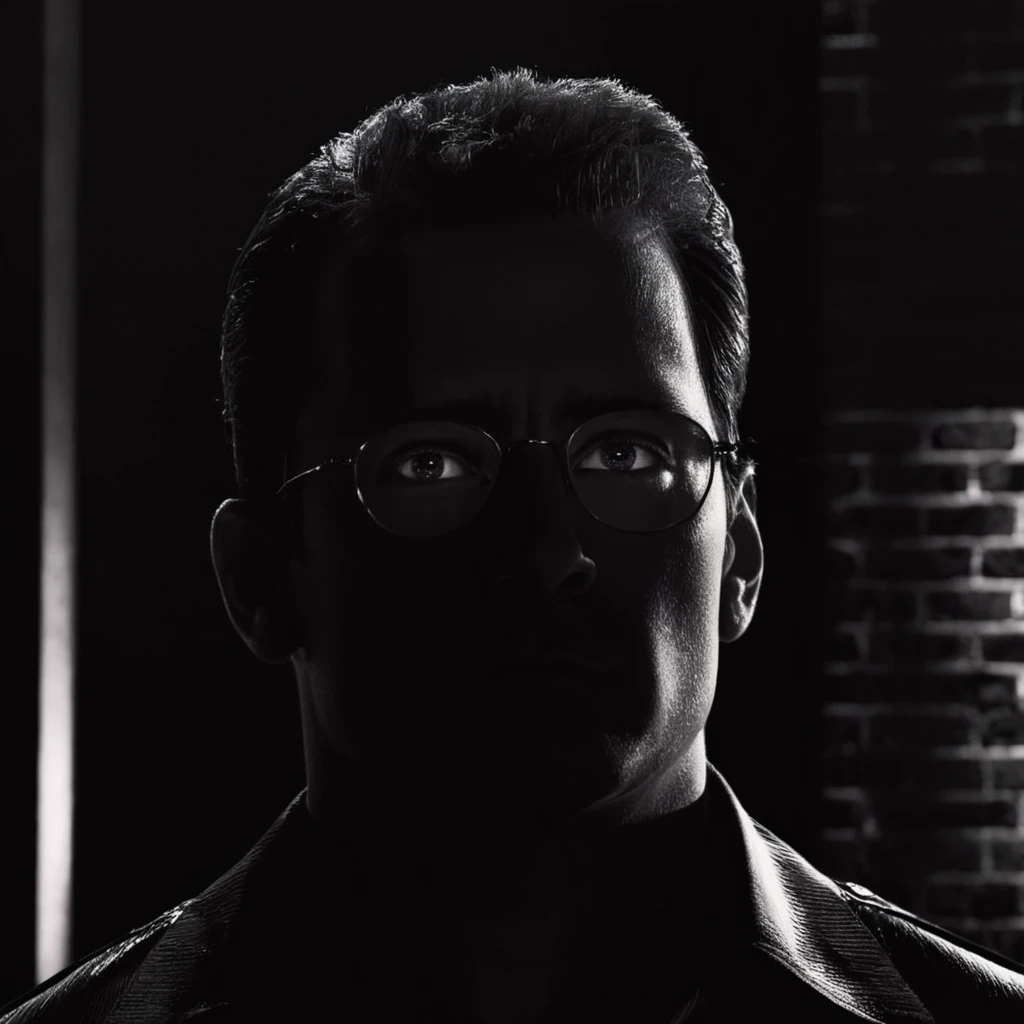 cinematic film still of  <lora:sin city style v2:1>
In Sin City universe a silhouette man with glowing glasses on his face in a dark room sin city style,solo,1boy,monochrome,greyscale,male focus,glasses,portrait,dark,horror (theme),opaque glasses,Frank Miller's Sin City,dark theme,cinematic film,comic book series,graphic novel,Neo-noir,high contrasts,sin city style,closeup , film noir, low key light, dim light, low light, dramatic light, film grain, shallow depth of field, vignette, highly detailed, high budget, bokeh, cinemascope, moody, epic, gorgeous, film grain, grainy