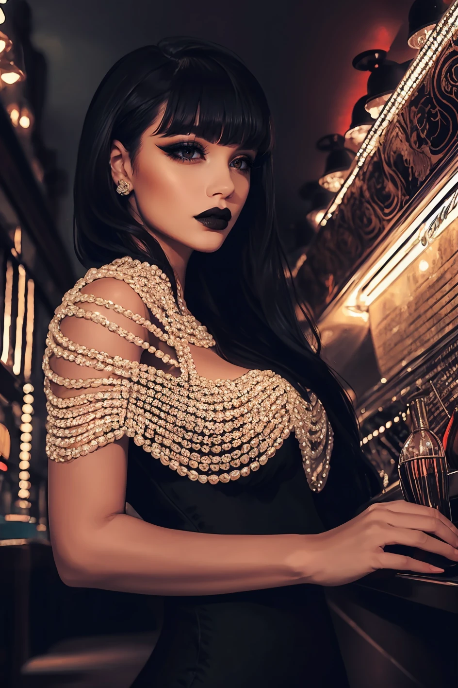 woman, adult, (straight long black hair with bangs), HUD_P3arl_Sh4wl, jewelry, symmetrical shawl made of freshwater pearl,dress, makeup, lipstick, false eyelashes, <lora:HUD_P3arl_Sh4wl-07:0.65>, (speakeasy:1.4), smoky cinematic atmosphere