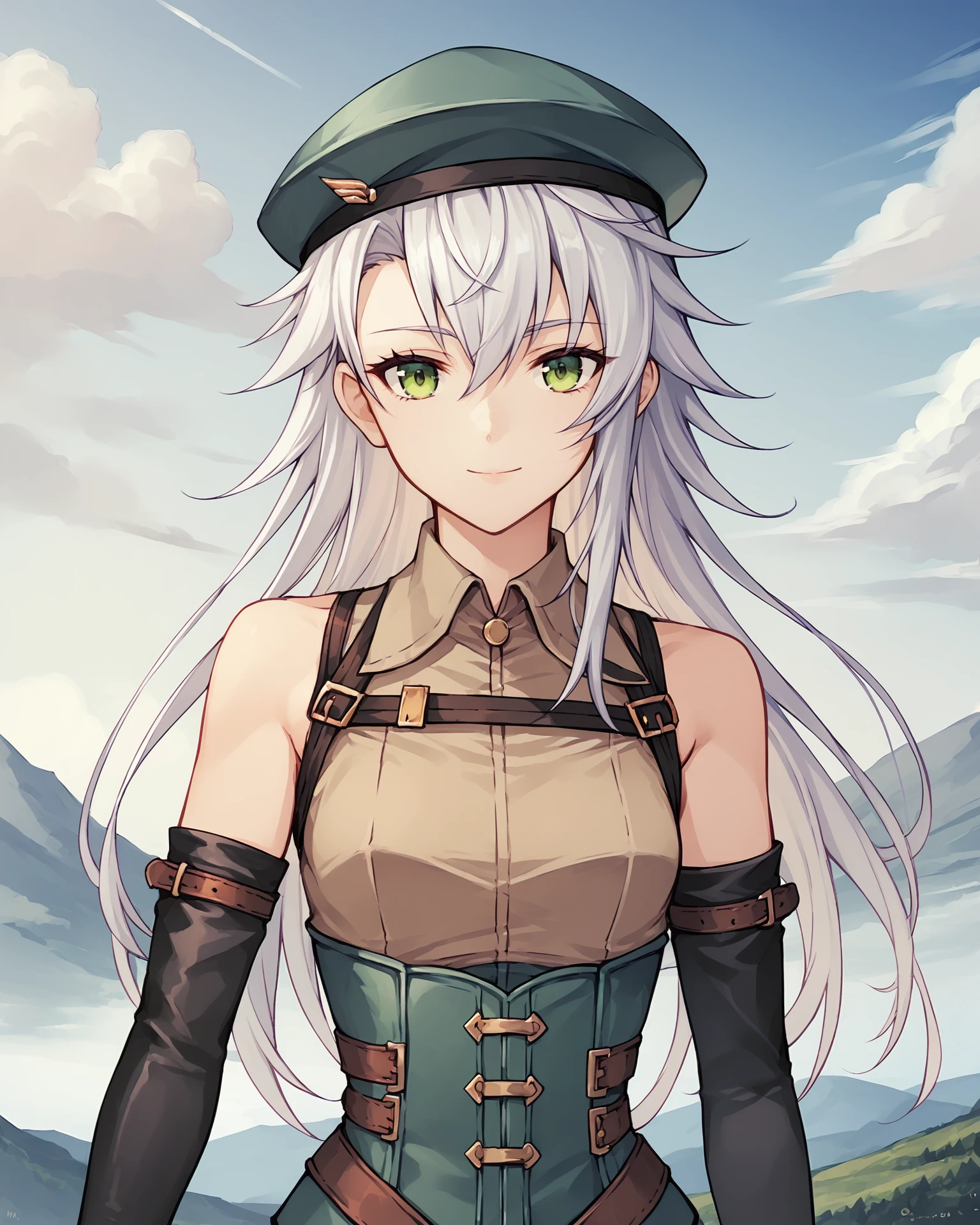 score_9, score_8_up, score_7_up, score_6_up, score_5_up, score_4_up, BREAK,
source_anime,
<lora:TrailsThroughDaybreak-Playable:0.9>, Fie Claussell, white hair, long hair, green eyes, small breasts, green beret, green corset, white skirt, brown top, bare shoulders, black gloves, elbow gloves,  black boots, thighhigh boots,
looking at viewer, smile, upper body, portrait,
1girl, outdoors, sky, clouds, distant mountains