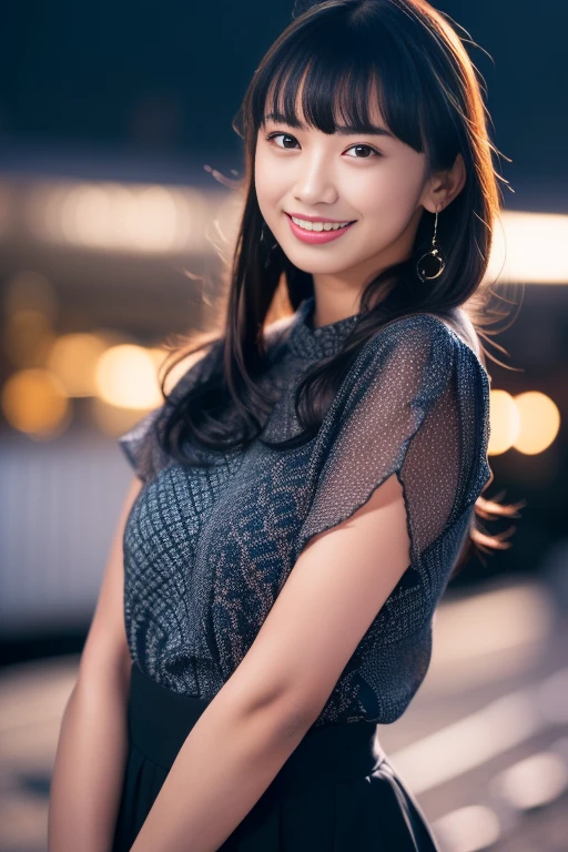 Amai Liu, (sharp focus:1.2), photo, attractive young KariSweets, (handsome face:1.1), detailed eyes, lush lips, (cat eye makeup:0.85), (smile:1.2), wearing (dress:1.2) in one (night street:1.2). (moody lighting: 1.2), depth of field, bokeh, 4K, HDR. by (James C. Christensen:1.2| Jeremy Lipking:1.1).