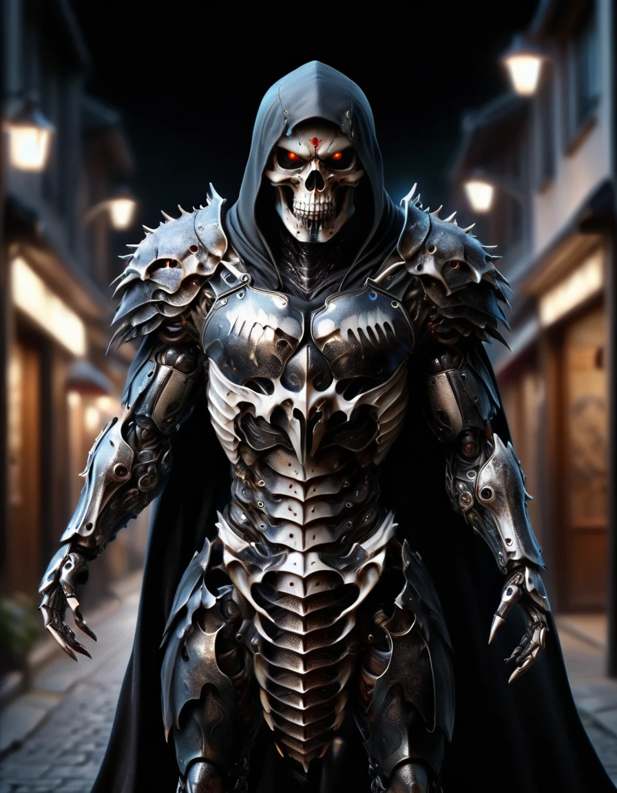 (masterpiece:1.2), best quality, high resolution, perfect lighting, extremely detailed, (crystalz Terminator assasin), battle scared white and black carbon armor, Wearing a dark cloak with hood, skull face just visable under hood, full_armor, humanoid, Metal Human skull head, (extreme detailed micro mechcanical scary Metal human skull design). Samurai sword shinning silver, Runes decorative embossments over his cloak, slim muscular body fast agile and stealthy, background a dark back street with subtle lighting and shadows, at night, facing viewer, solo, made out of ral-anmlsktn <lora:ral-anmlsktn:1>