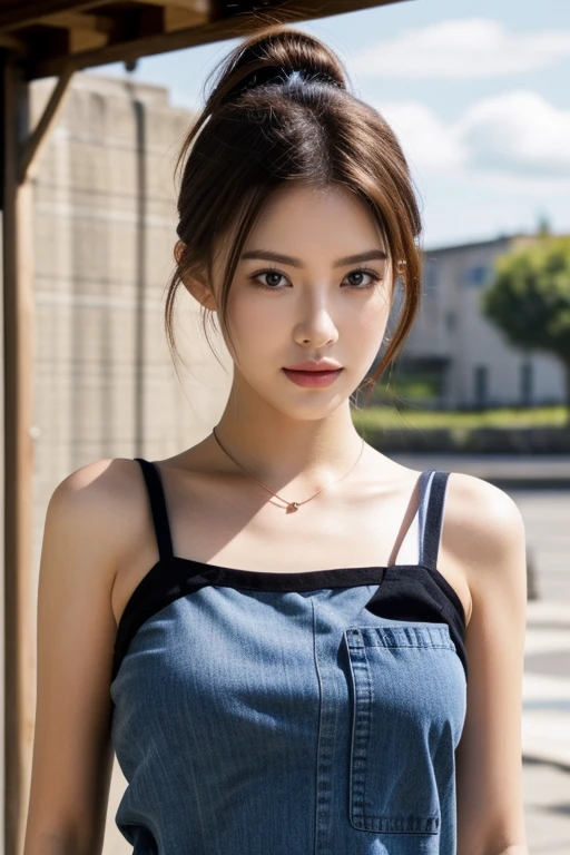 HWGIRL,masterpiece,ultra realistic,32k,extremely detailed CG unity 8k wallpaper, best quality,(spring day ),lady ,necklace ,eardrop, The Galapagos Islands, Ecuador, ( Lavender Blue moss overalls, lace camisole ) , Auburn hair ponytail ,,<lora:Hwgirl_V019:0.9>,