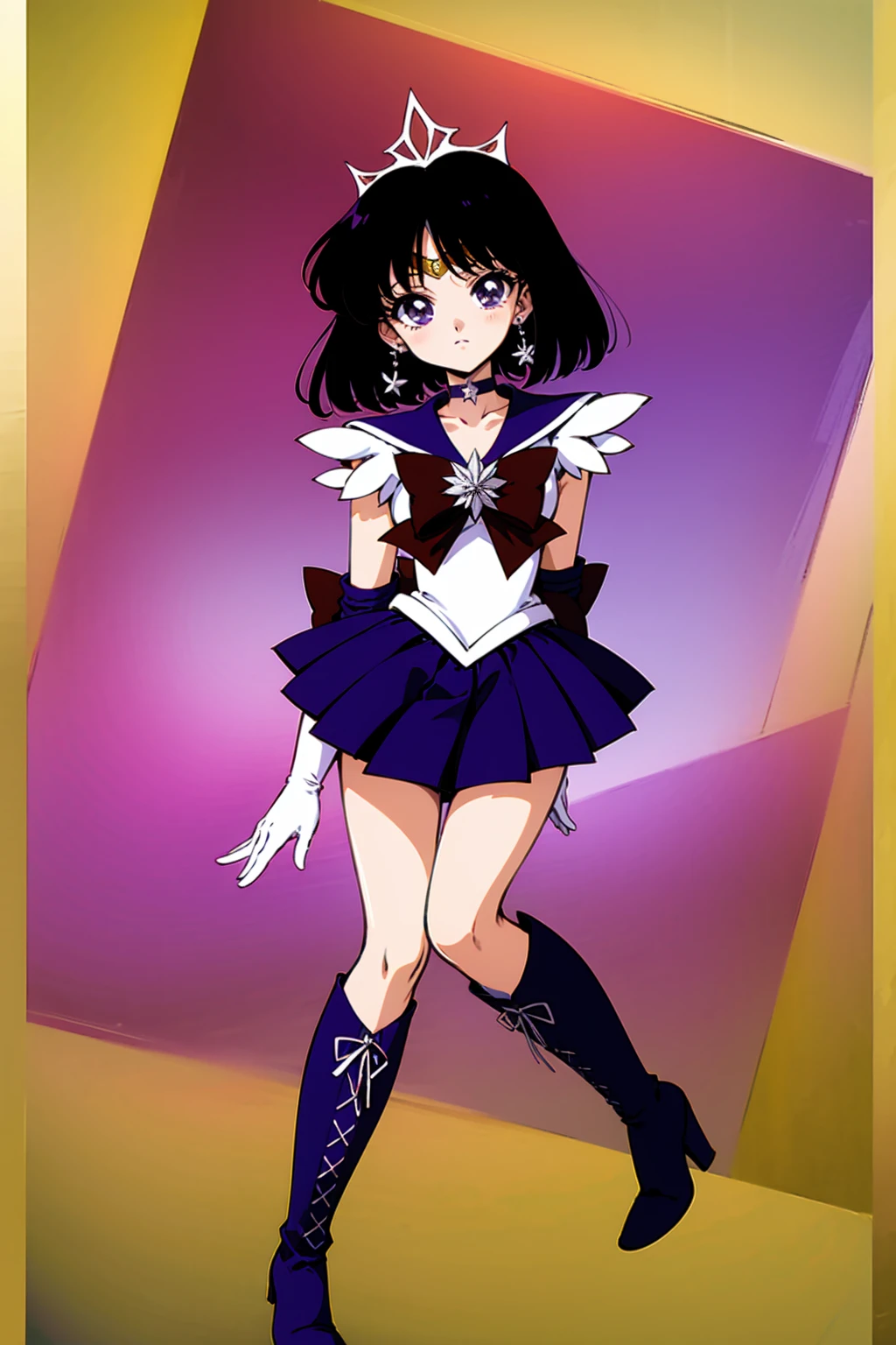 masterpiece, best quality, very aesthetic, absurdres, Sailor Saturn XL, 1990s \(style\), anime artwork, anime style, perfect face, perfect composition, moist skin, intricate details, beautiful detailed eyes, BREAK 1girl, solo, , short hair, black hair, purple eyes, flat chest, skinny, sailor senshi uniform, purple sailor collar, tiara, earrings, jewelry, star choker, bowtie, back bow, star brooch, white elbow gloves, purple miniskirt, shiny clothes, BREAK looking away, smile, blush, open mouth, cameltoe, pose, white leotard, (pantyshot:1.2), wind lift, outdoors, city, blue sky, wind, dutch angle,