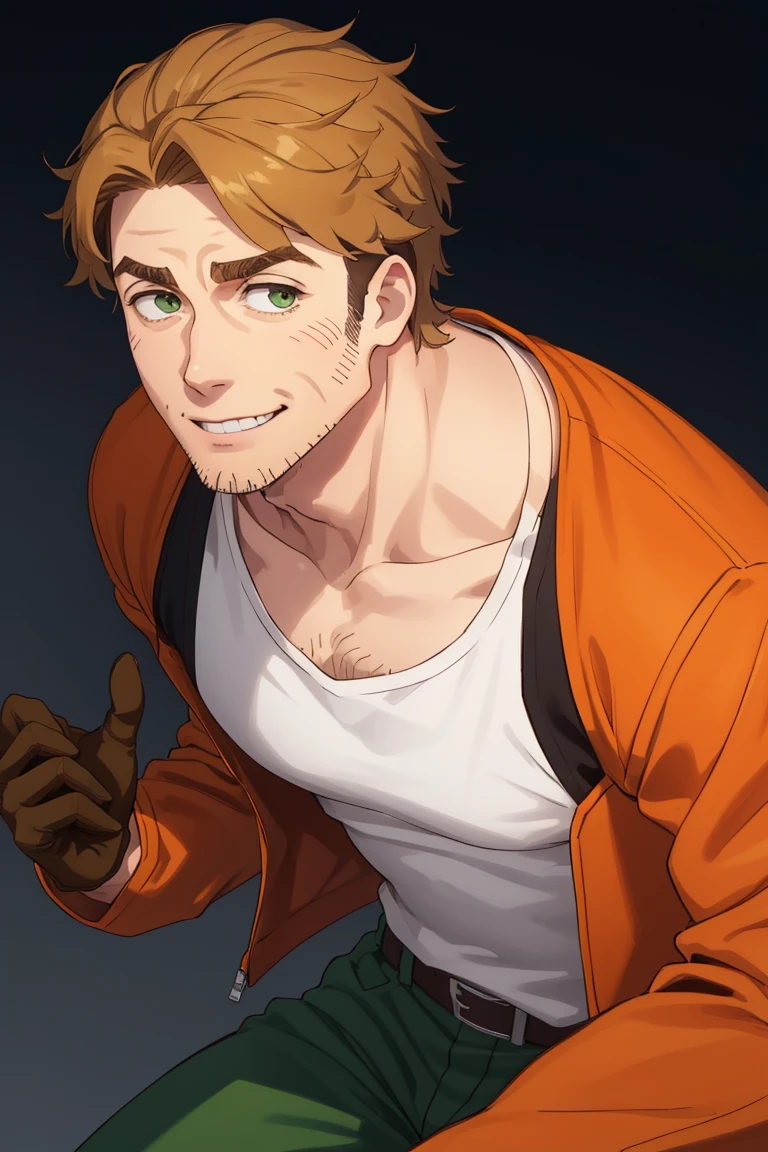 (1 image only), solo male, Gagumber, Sakugan, physical laborer worker, brown hair, two-tone hair, stubble, sideburns, green eyes, thick eyebrows, (white tank top), (orange High-visibility jacket), open jacket, green work pants, black boots, black gloves, mature, handsome, charming, alluring, smile, ((portrait, close-up)), perfect anatomy, perfect proportions, high_resolution, dutch angle, detailed background, cyberpounk city<lora:EMS-308232-EMS:0.800000>