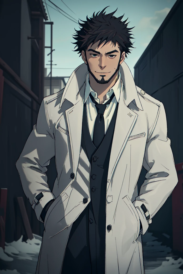 solo male, Genma Shizume, Asian, Japanese, black hair, chinstrap beard, sideburns, black eyes, calm eyes, slitty eyes, (white collared shirt, black necktie, black jacket:1.3), (brown overcoat, open overcoat:1.3), black pants, black gloves, mature, masculine, handsome, charming, allurin, smile, standing, upper body, hand on waist, perfect anatomy, perfect proportions, (best quality, masterpiece, high_resolution:1.3), perfect eyes, dutch angle, cowboy shot<lora:EMS-308260-EMS:0.800000>