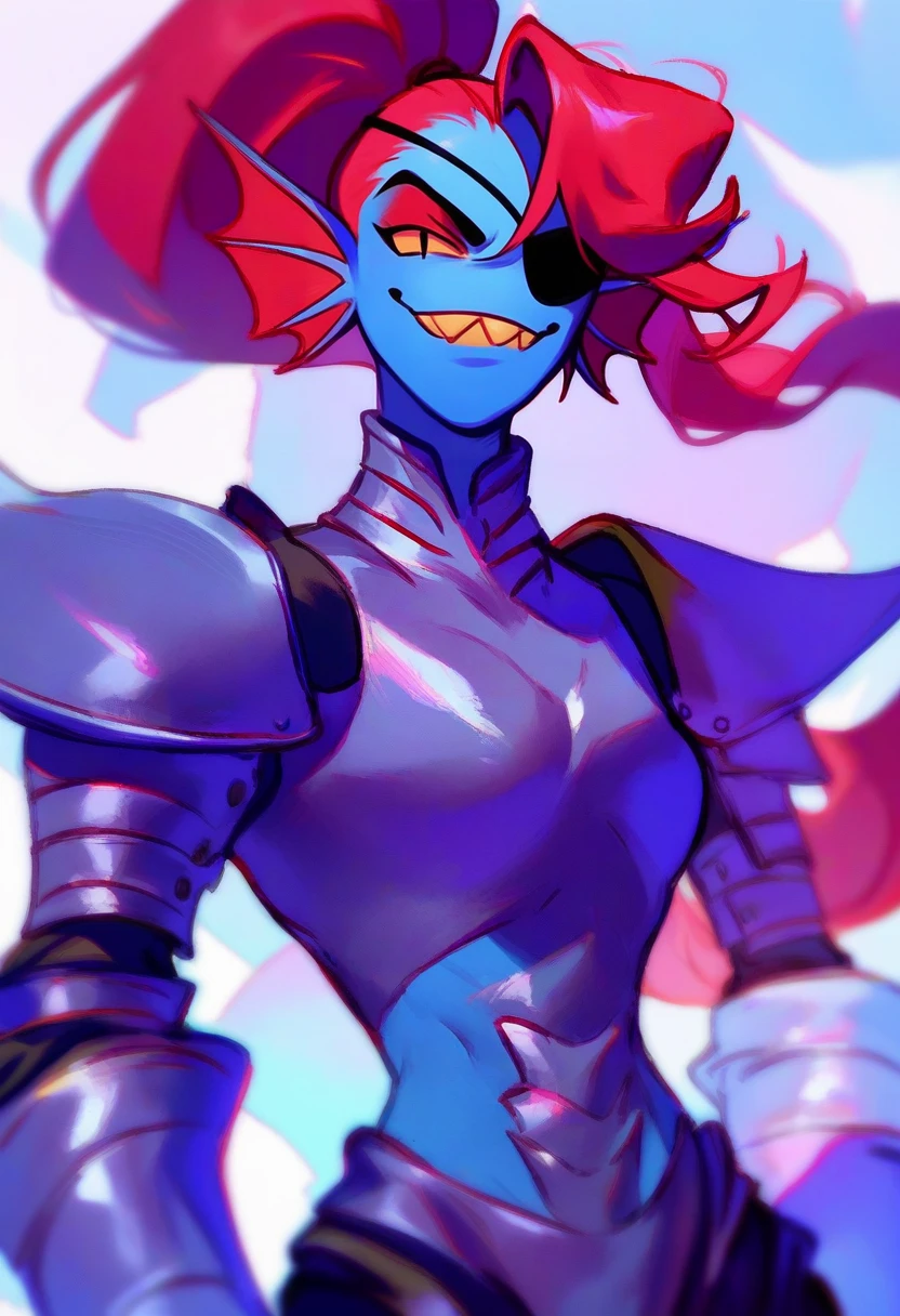 score_9, score_8_up, score_7_up, rating_safe, solo, 1girl, undyne, undertale, blue skin, sharp teeth, smile, looking at viewer, standing, ponytail, eyepatch, armor, shoulder armor <lora:style_notsorapoi_ponyXL-CAME-000017:1>