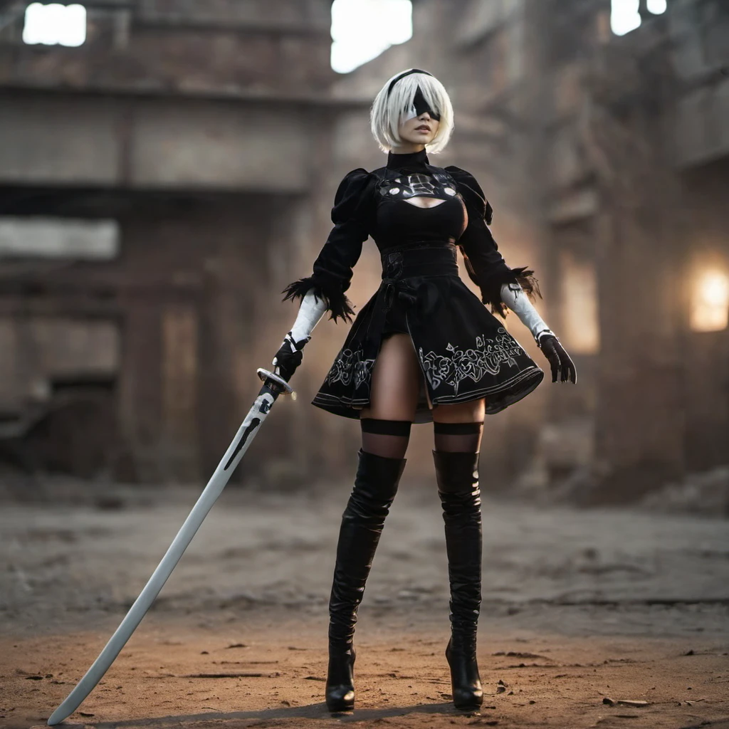 cinematic photo a woman in a black outfit with a sword in her hand, postapocalyptic background  <lora:2B_Nier_Automata_1024:0.8> . 35mm photograph, film, bokeh, professional, 4k, highly detailed