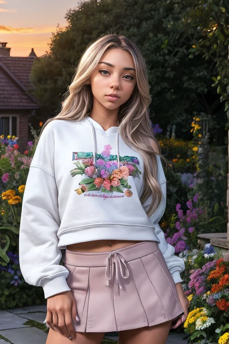 photo of S335_PetraKero,a stylish woman,in a (garden:1.1),wearing a (sweatshirt:1.1),(skirt),(flowers),(sunset),(4k, RAW photo, best quality, depth of field, ultra high res:1.1),(absurdres, intricate, photorealistic, masterpiece, ultra-detailed:1.1),