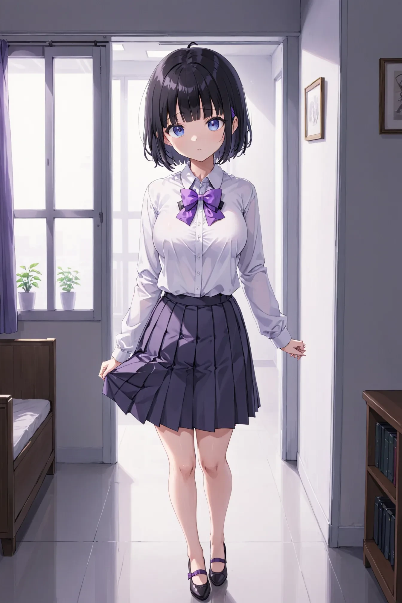 anime, 1girl, solo, indoors, black hair, black skirt, blue eyes, blunt bangs, bow, bowtie, breasts, collared shirt, dress shirt, full body, grey shirt, holding, long sleeves, medium breasts, parted lips, pleated skirt, purple bow, purple bowtie, shirt, short hair, skirt, standing, white shirt