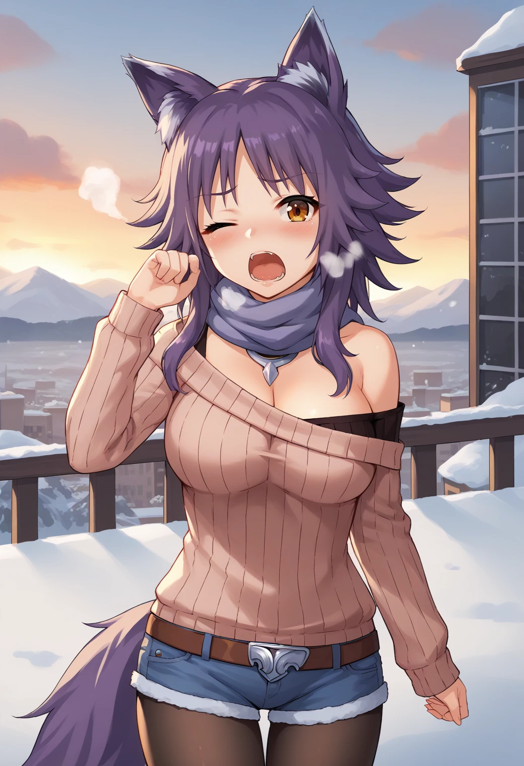 score_9, score_8_up, 1girl, source_anime BREAK<lora:makotopri_ponyXL-beta-07:1> regMakoto, wolf girl, wolf tail, scarf, contemporary, sweater, ribbed sweater, cleavage, off shoulder, belt, denim shorts, minishorts, black pantyhose, breath, blush, snow, cityscape, cowboy shot, yawning, one eye closed, looking at viewer, thighs, impossible clothes, (tearing up:0.4), morning, cloudy sky,