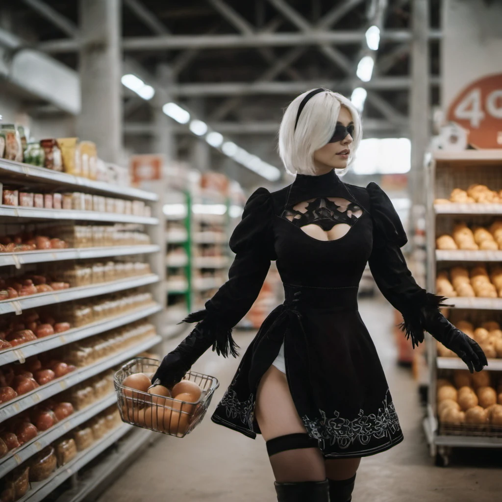 cinematic photo a woman in a black outfit dress, grocery shopping <lora:2B_Nier_Automata_1024:0.8> . 35mm photograph, film, bokeh, professional, 4k, highly detailed