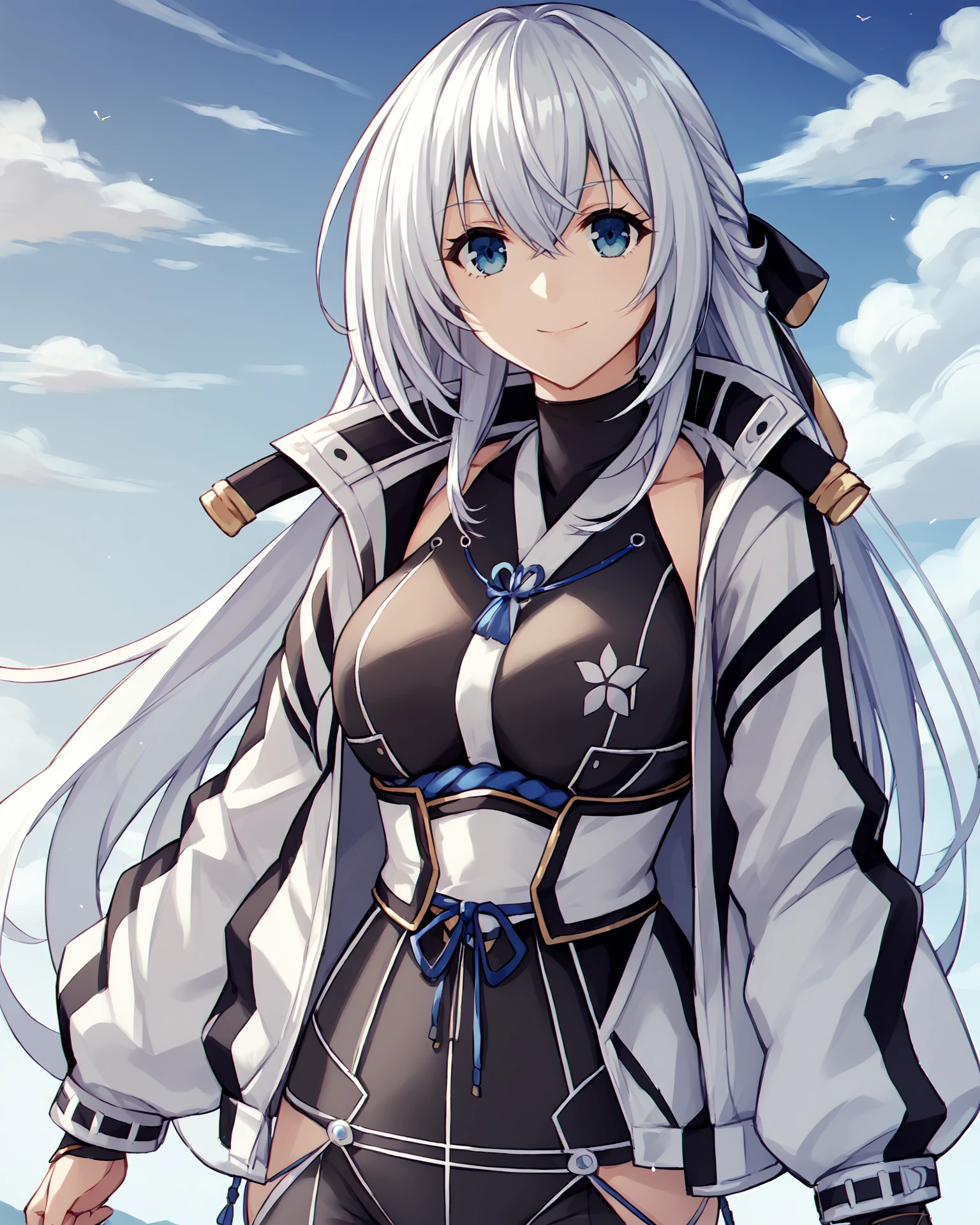 score_9, score_8_up, score_7_up, score_6_up, score_5_up, score_4_up, BREAK,
source_anime,
<lora:TrailsThroughDaybreak-Playable:0.9>, Shizuna Rem Misurugi, white hair, long hair, hair ornament, blue eyes, medium breasts, white jacket, black bodysuit, ornate bodysuit, black legwear, toeless footwear,
looking at viewer, smile, upper body, portrait,
1girl, outdoors, sky, clouds, distant mountains