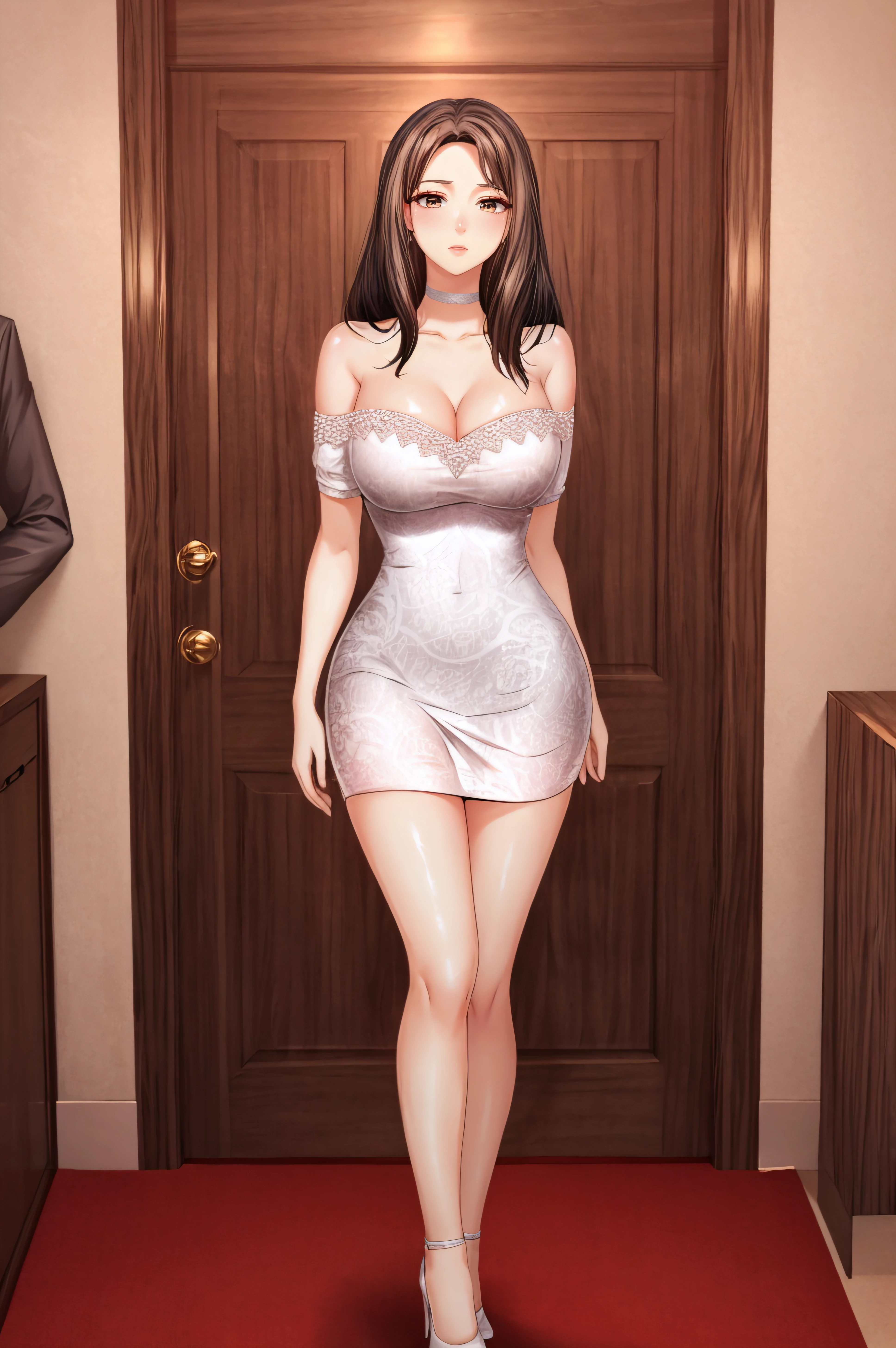 (masterpiece, best quality), <lora:jungyeon-lora-Faxtron:0.8> jungyeon, brown eyes, brown hair, long hair, large breasts, white short dress, cleavage, bare shoulders, collarbone, thighs, white choker, strapless dress, white high heels, standing,
<lora:add_detail:0.8>,