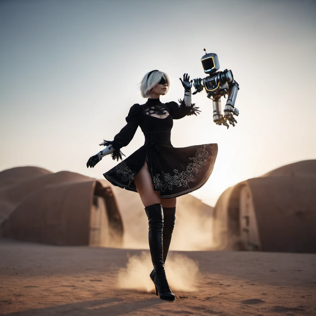 cinematic photo a woman in a black outfit  with a robot hovering above her,  (((desert background, dust, neon lights)))  <lora:2B_Nier_Automata_1024:0.7> . 35mm photograph, film, bokeh, professional, 4k, highly detailed