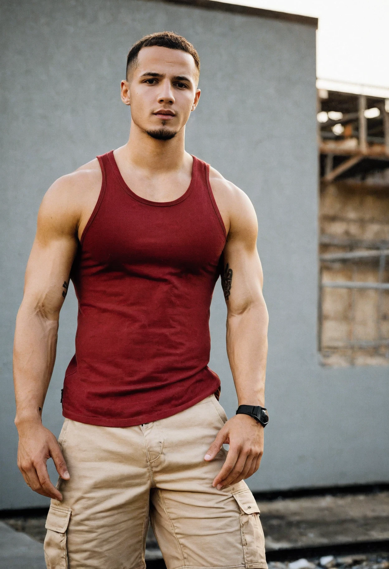 RAW photo, photo of justin_owen <lora:justin_owen-07:0.75> wearing a sleeveless hoodie and shorts in front of a brick wall, golden hour lighting, nostalgic, best quality, 4K, masterpiece, detailed, intricate