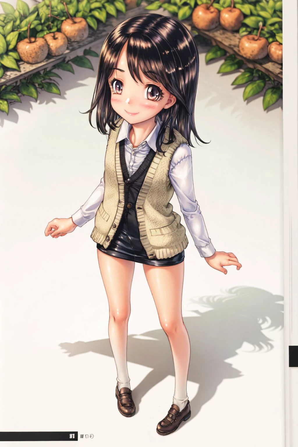full body, solo, 1girl, looking up, contrapposto, smile, blush, flat chest, cardigan vest, orchard <lora:Kojiki_Ohji_style_v01.99.25:1>