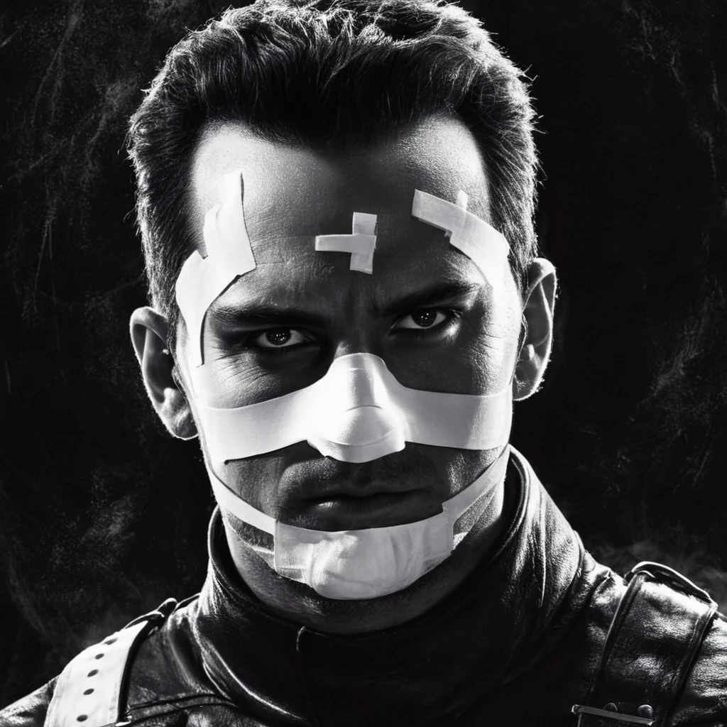 Dark Fantasy Art of <lora:sin city style v2:1>
a man with shiny white bandages on his face Sin City style, dark, moody, dark fantasy style