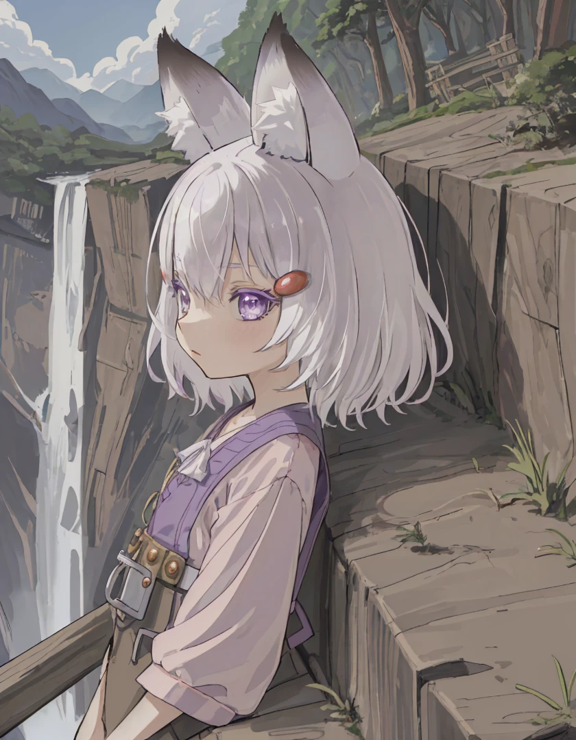 masterpiece, best quality, absurdres, tenma, 1girl, solo, fox ears, animal ear fluff, flat chest, petite,
white hair, purple eyes, medium hair, hairclip,
overalls, pink shirt,
lying, waterfall, canyon, cliffs, evening, clear, awe-inspiring, scenic,