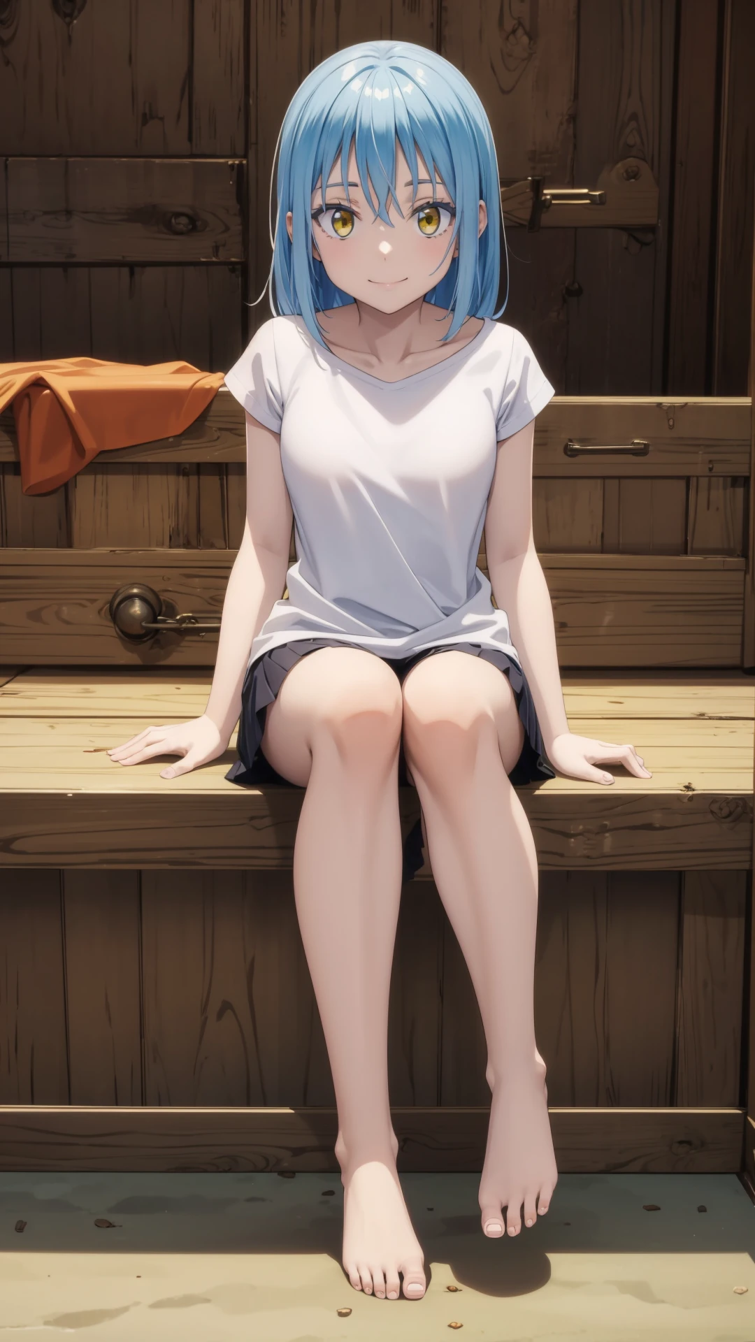 (masterpiece, best quality), ray tracing, absurdres,rimuru tempest, initial, blue hair, yellow eyes, long hair, shirt, 1girl, large breats,,solo, white shirt, closed mouth, , collarbone, hair between eyes, looking at viewer, sitting, bangs, short sleeves, shiny hair, full body, shiny,looking at viewer,barefoot,smile,<lora:rimuru initial_v3:0.7>