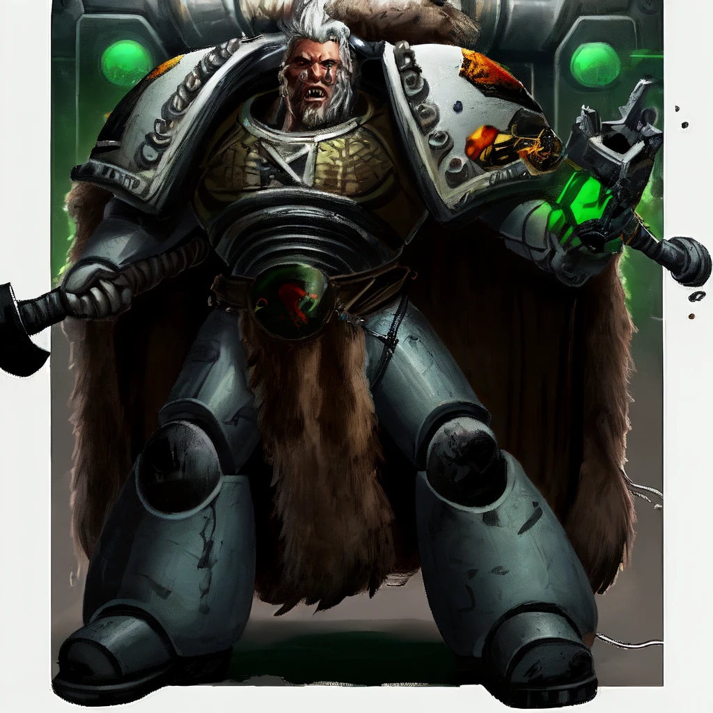 spcwlf, 1boy, male focus, portrait, solo, shoulder armor, pauldrons, power armor, holding axe, science fiction, white hair, long beard, fangs, braid, action pose, fur cloak, alien temple, pipes, wires, green glow, toxic waste, obsidian tablets,