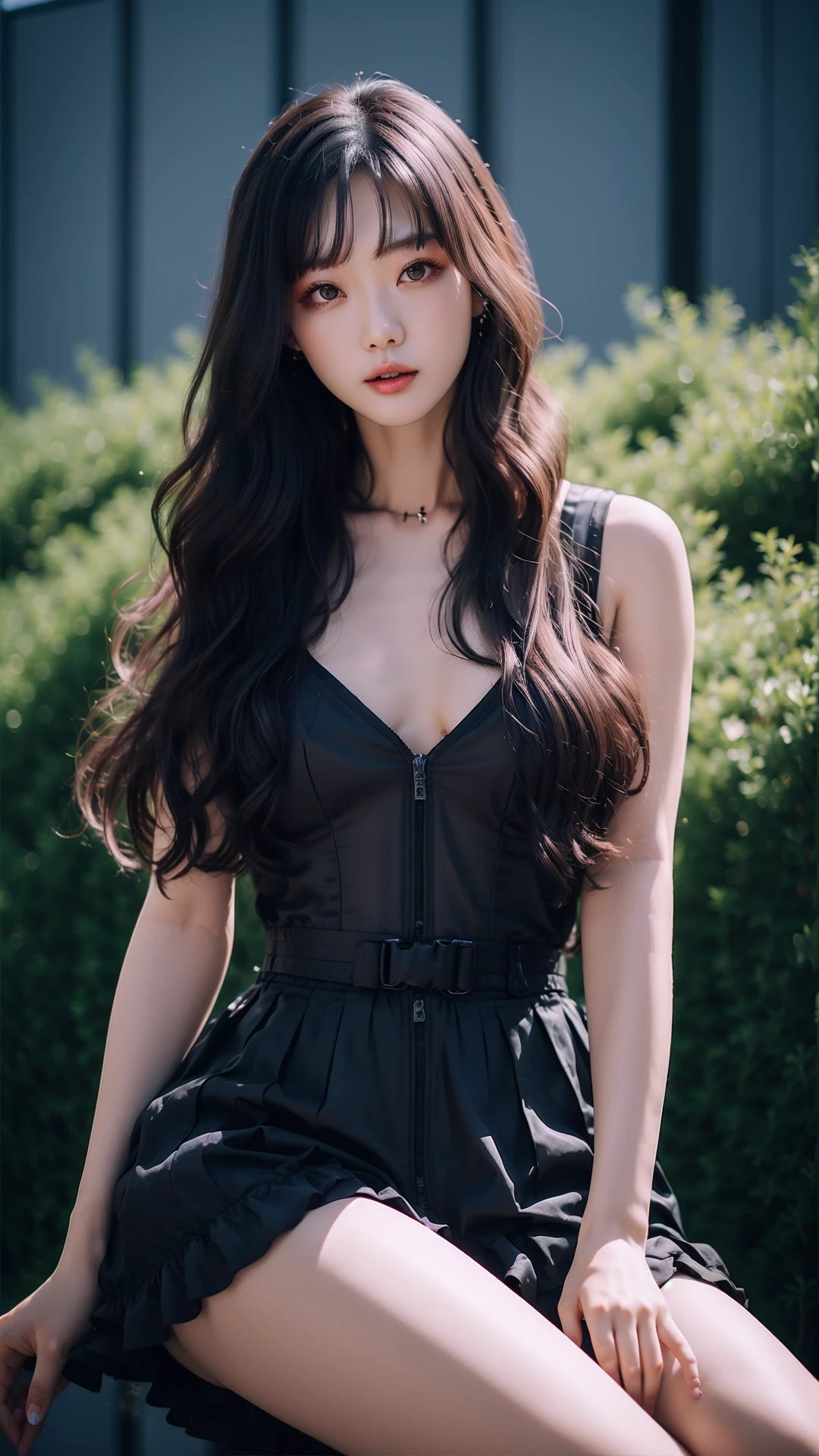 Big breasts,Low-cut outfits,a woman with long hair sitting on a bench in a black dress and black heels with her legs crossed,Boobs, plump, sexy, lace edges, black silk,xuer hologram Laser dress