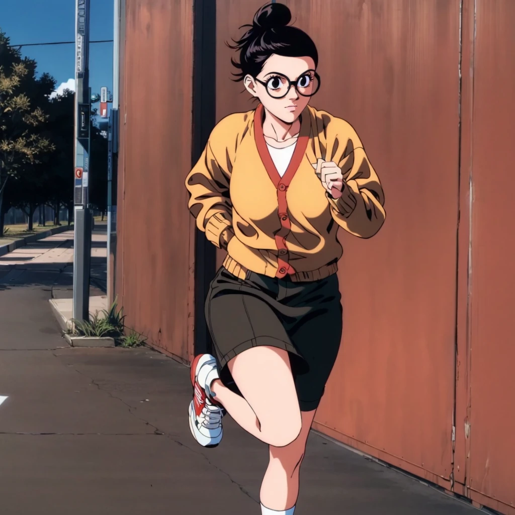 <lora:YogawaReika002:0.7>,<lora:add_detail:0.5>,<lora:noline:0.3>,<lora:boldline:-0.3>,solo,
YogawaReika,1woman,
hair bun,black hair,black eyes,glasses,
shirt,cardigan,
long skirt,
sneakers,
1990s (style),retro artstyle,running,