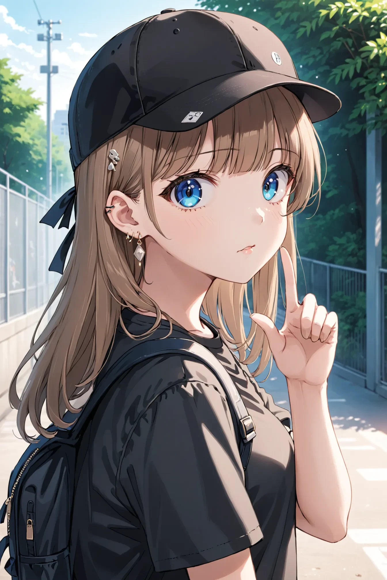 anime, 1girl, solo, outdoors, backpack, bag, baseball cap, black headwear, black shirt, blue eyes, blunt bangs, brown hair, earrings, hair between eyes, hat, index finger raised, jewelry, light brown hair, long hair, looking at viewer, parted lips, shirt, short sleeves
