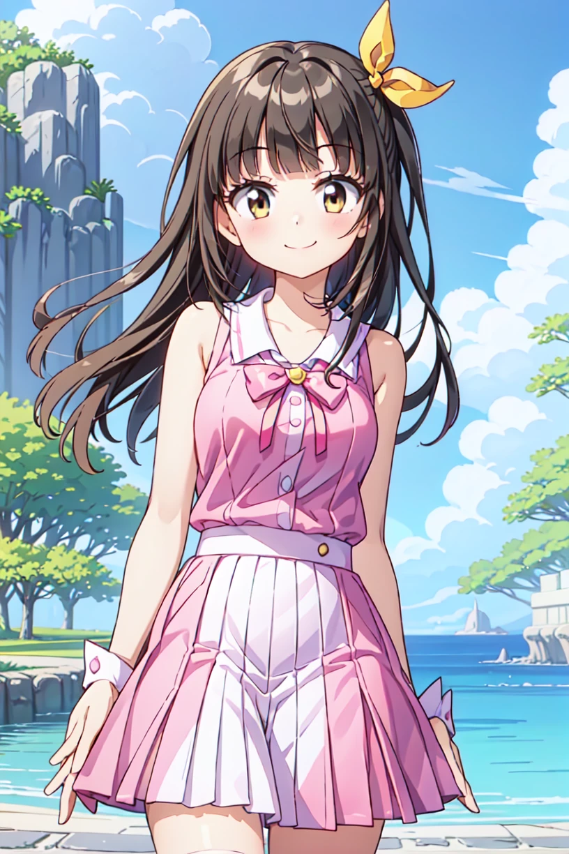 1girl, smile, solo, upper body, brown eyes, long hair, skirt, bow, birdiecrush erin, hair accessories, pink shirt, pink skirt