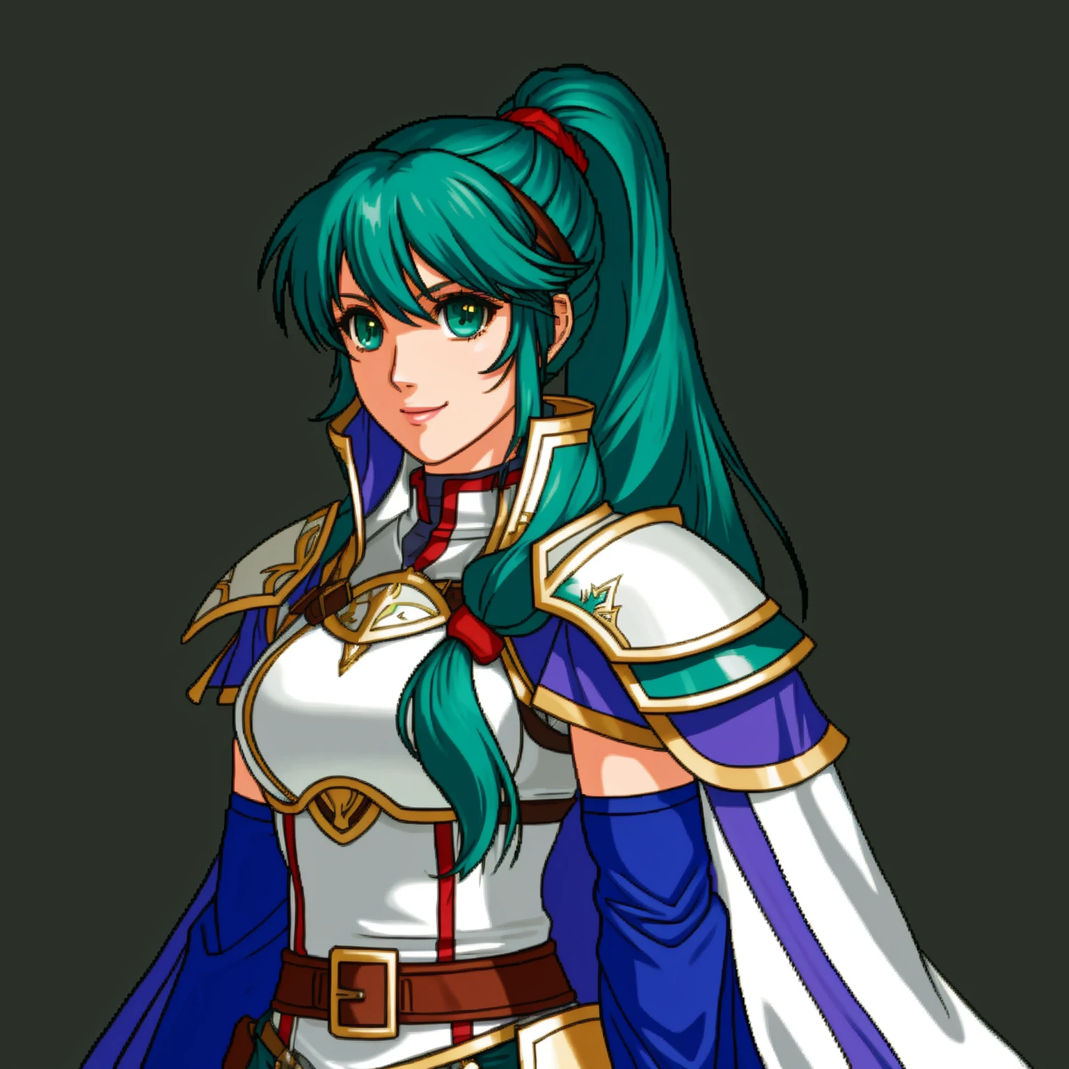 FireEmblem, (Simple background, green background:1.3), (pixel art, solo:1.3) BREAK 1girl, solo, armor, long hair, green eyes, green hair, cape, gloves, pixel art, aqua hair, (low-tied long hair:1.3), elbow gloves, imageboard colors, shoulder armor, breastplate, armored dress, aqua eyes, upper body, closed mouth, pauldrons, gauntlets, hair over shoulder, breasts, oekaki, pegasus knight uniform \(fire emblem\), cross, hair ornament, shoulder pads, knight, expressionless, smile, headband, standing, fingerless gloves, medium breasts, valkyrie, front ponytail, detached sleeves, white cape, forehead protector, vambraces, dress, bangs, arm guards, Sigrun \(Fire Emblem\), Sigrun \(Fire Emblem: Path of Radiance\), Sigrun \(Fire Emblem: Radiant Dawn\)