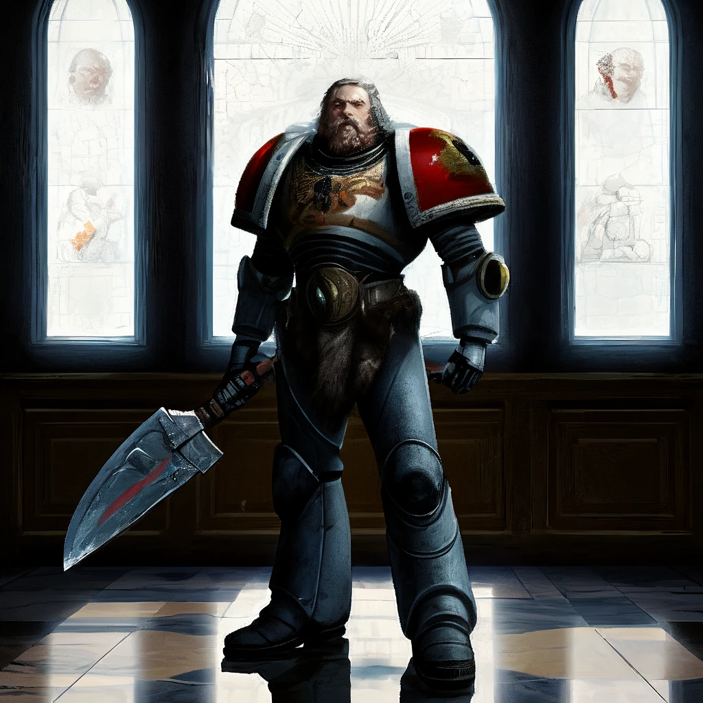 spcwlf, 1boy, male focus, solo, holding weapon, shoulder armor, pauldrons, full body, power armor, holding axe, looking at viewer, science fiction, beard, helmet, sunshine, blue_skies, high_windows, palace, marble, noblemen, servants,