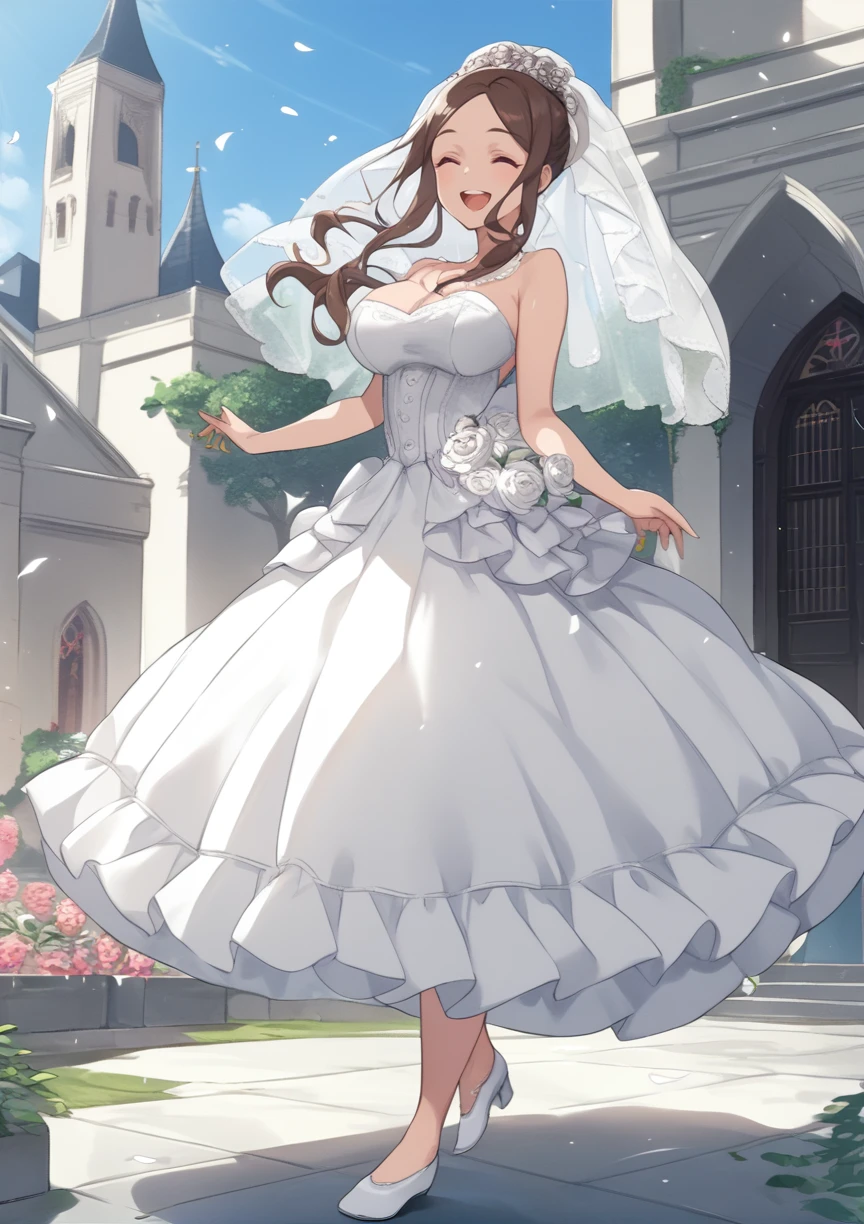 1girl, solo, big breasts, long hair, brown hair, hair up, pink eyes, parted bangs, bride, smile, open mouth, closed eyes, cowboy shot, full body, outdoors, church <lora:Dorothy AP:1>, score_9, score_8_up, score_7_up, score_6_up, score_5_up, score_4_up, BREAK source_anime, masterpiece