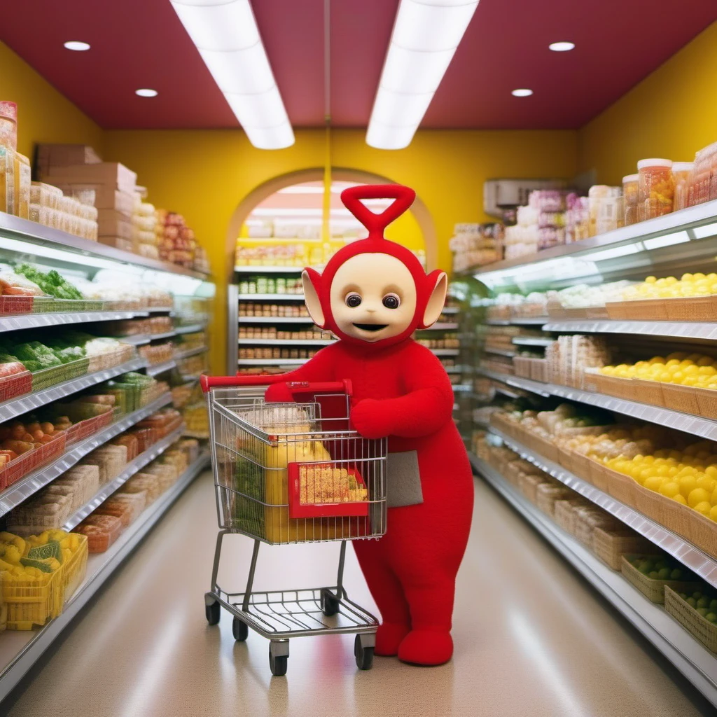 cinematic photo a teletubbie grocery shopping <lora:Teletubbies1024:0.8> . 35mm photograph, film, bokeh, professional, 4k, highly detailed