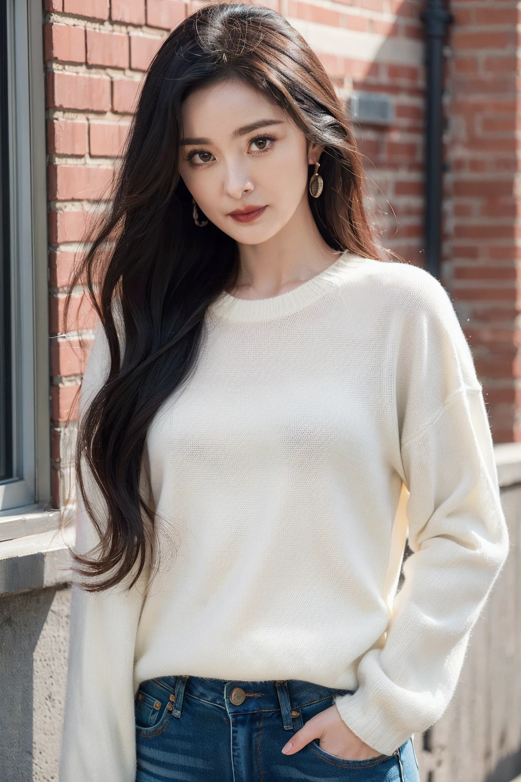 masterpiece,best quality,1girl,upper body,looking at viewer, standing,
white sweater, jeans
,black hair, long hair,small breasts,
ginza,park,window, brick wall,
<lora:yangmi_V2:0.5>