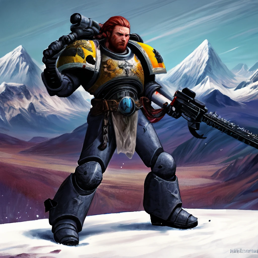 spcwlf, 1boy, male focus, solo, holding rifle, shoulder armor, pauldrons, full body, power armor, holding chainsword, science fiction, red hair, braid, action pose, battlefield, ice, snow, mountains,