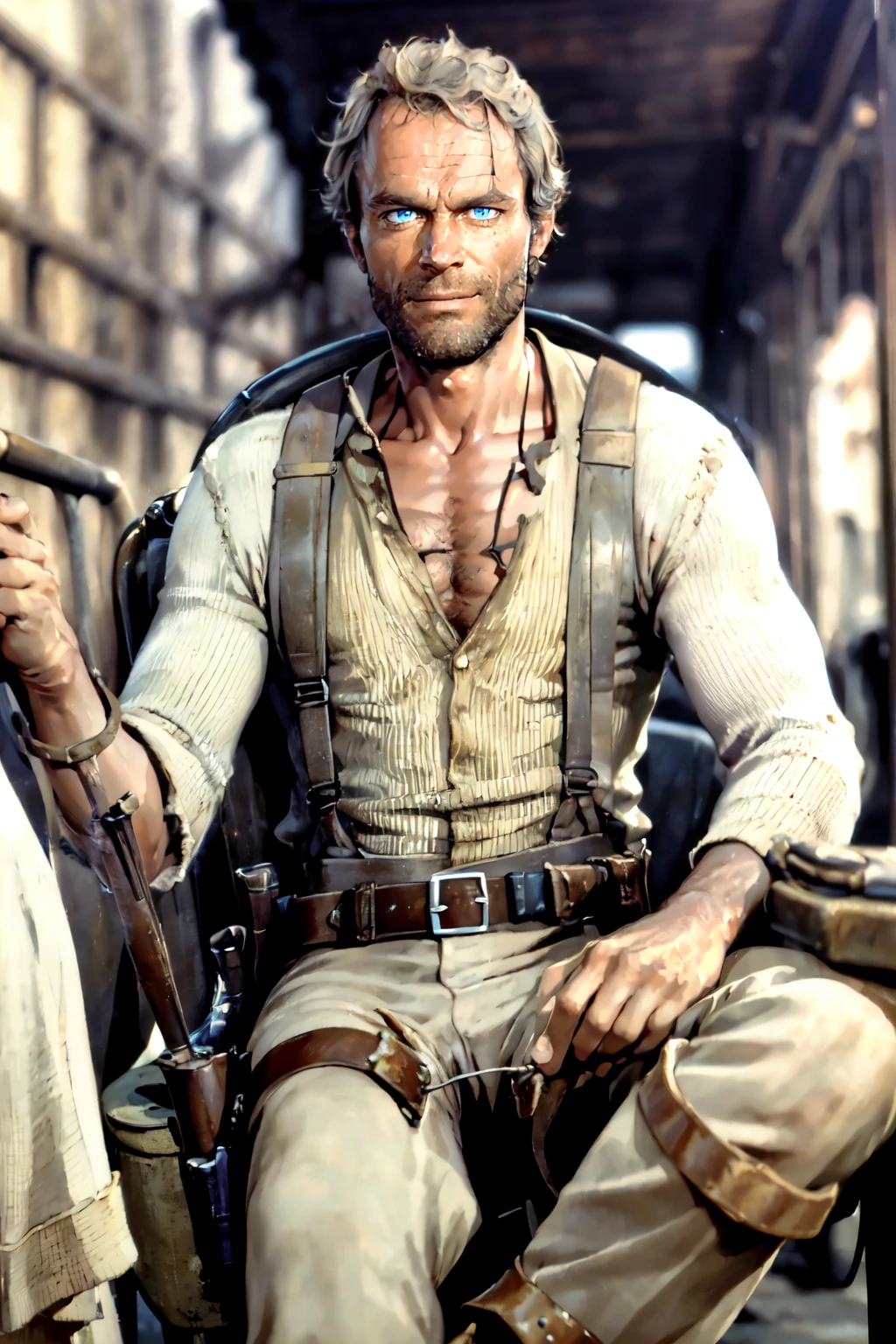 beautiful eye, high detail skin, high detail eyes, high detail hair, highres, ultra detailed, sharpen picture, Highly detailed, masterpiece, best quality, photorealistic, 
 <lora:TerrenceHillLora:1> 1boy, blue eyes, blonde hair, realistic, manly, cowboy western, collared shirt, facial hair, suspenders, coat, holster, belt, buckle, sitting on a chair on a dusty road, PA7_Portrait-HL_v2