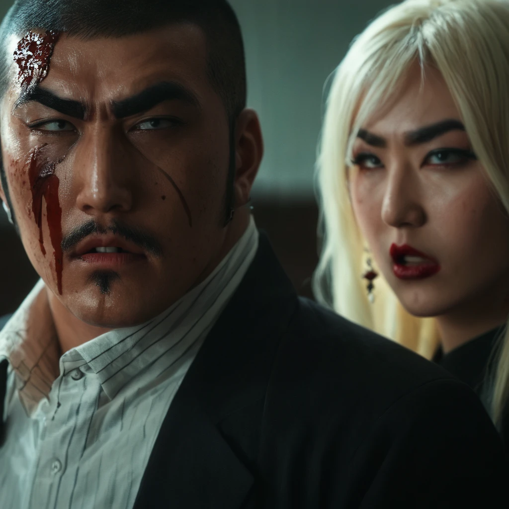 cinematic film still of  <lora:Golgo 13:1>
 <lora:Ian Spriggs style:0.33>
golgo 13,duke togo,a man and woman in a room with a bloody face,1girl,open mouth,blue eyes,blonde hair,shirt,1boy,jewelry,earrings,necktie,black shirt,blood,facial hair,red necktie,blood on face,blood on clothes,bald,blood splatter ,  Japanese, manga, anime, animation, professional assassin, shallow depth of field, vignette, highly detailed, high budget, bokeh, cinemascope, moody, epic, gorgeous, film grain, grainy