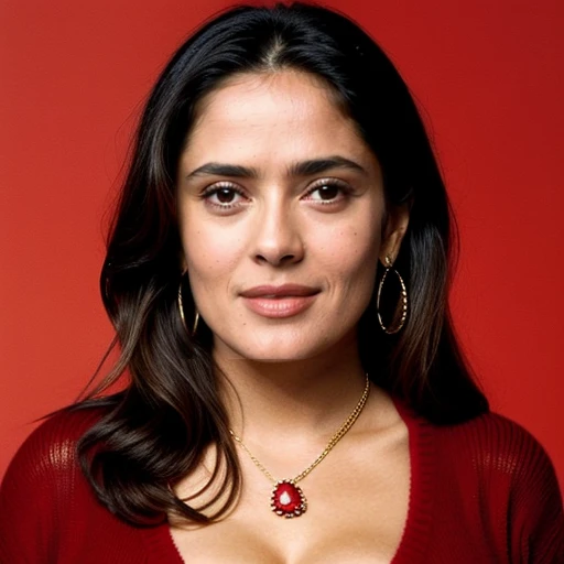 a photo of Salma_Hayek1_512-2300, a woman wearing a (red sweater), a woman wearing a golden necklace around her neck,