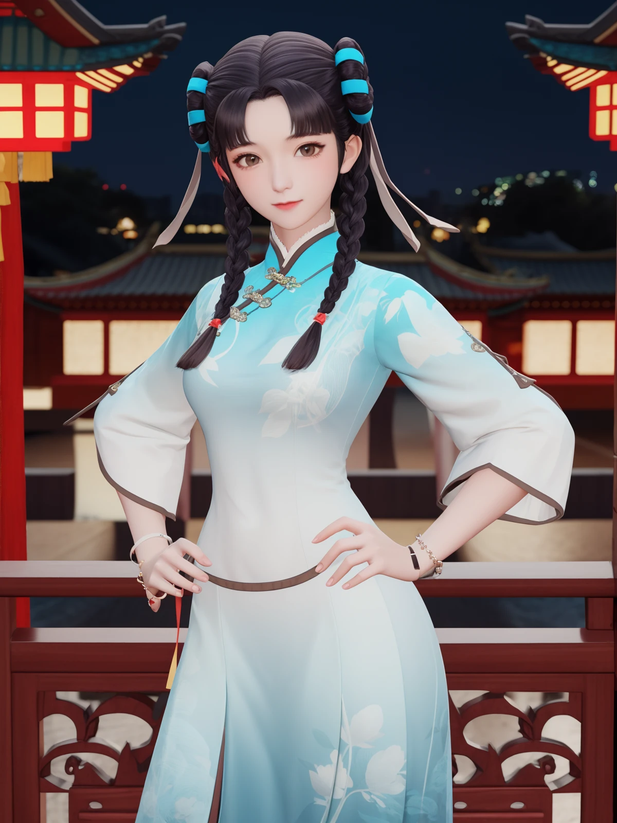 WZRYxishiSYJN, 1girl, solo, jewelry, bracelet, dress, black hair, twin braids, looking at viewer, chinese clothes, long hair,brown eyes, wide sleeves, blue ribbon,<lora:WZRYxishiSYJN:0.75>,cityscape, night, hand on hip,