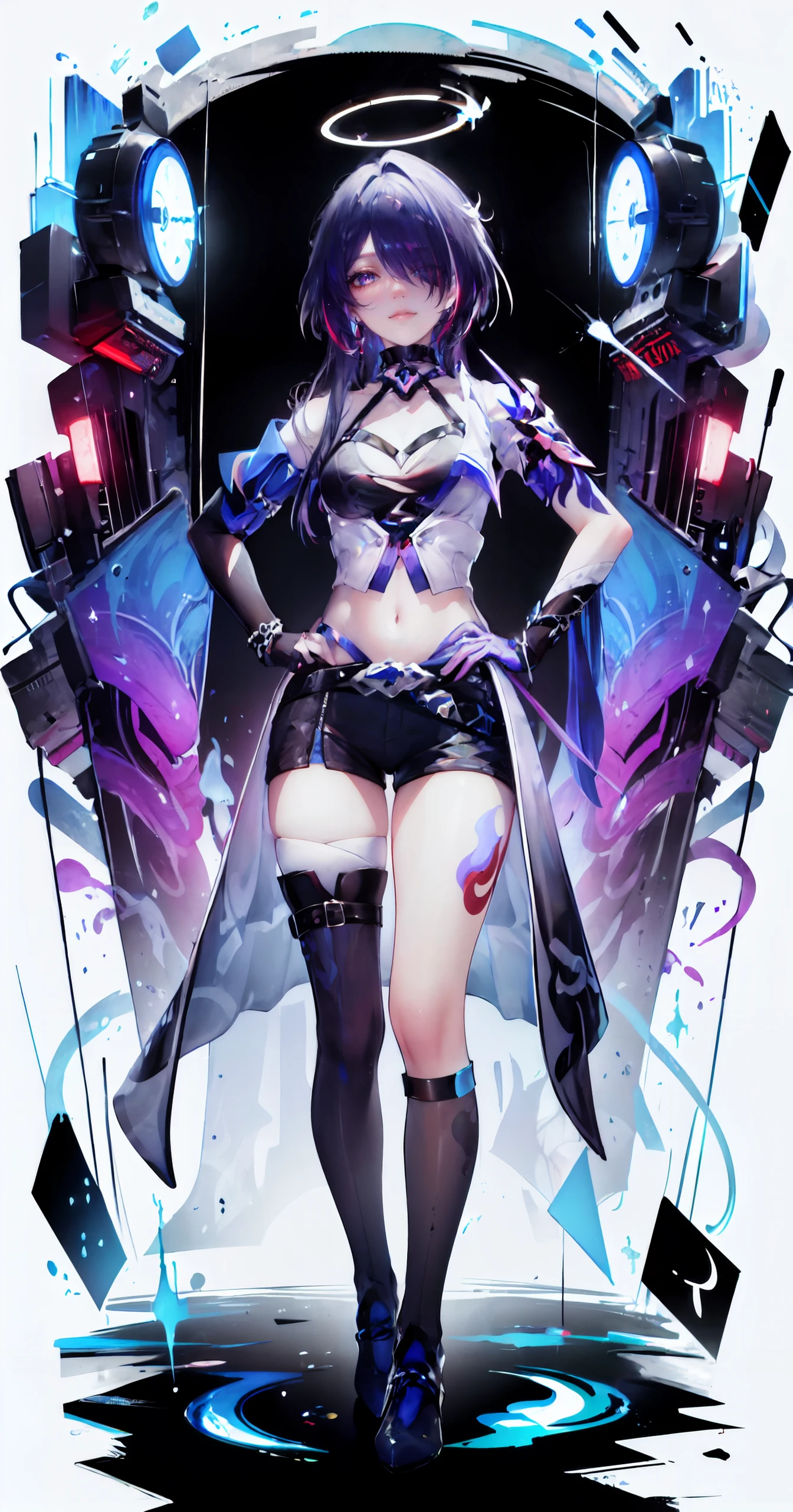 Black hair, pigtails, purple eyes, dynamic pose, black leather jumper, side tie panties (dark: 1.2) high definition, masterpiece, best work
