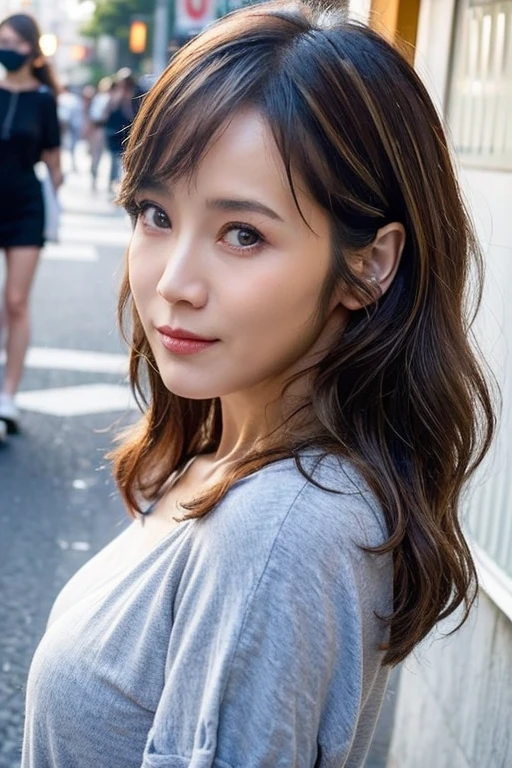 Best quality,masterpiece,ultra high res,(photorealistic:1.2),1girl,low key,taipei street alley,dynamic pose,face closeup,brown hair,looking_at_viewer,<lora:patty_hou>,