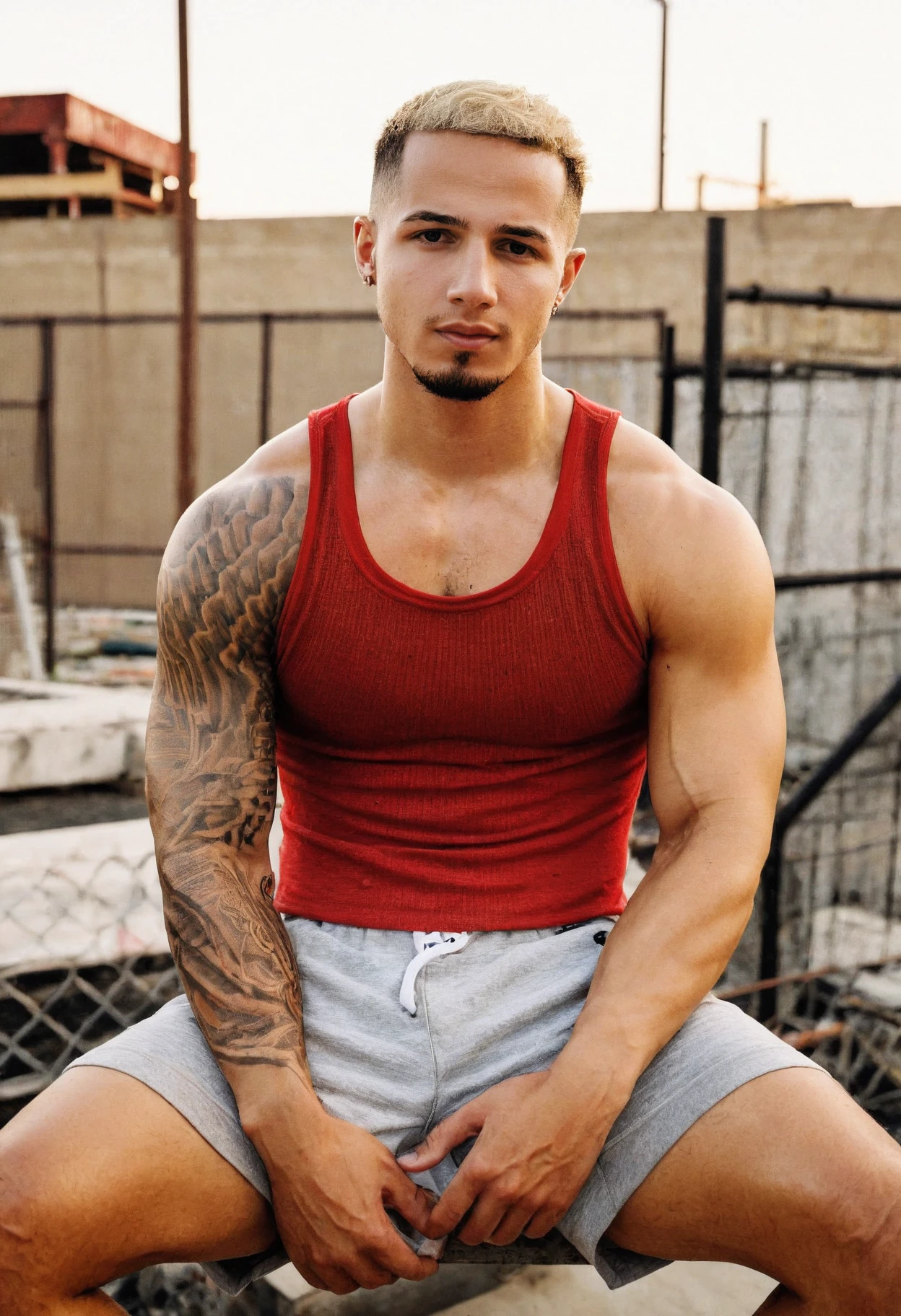 refined editorial photograph, photo of jordan_torres, relaxed confident expression, sitting, wearing a fitted red tank top and gym shorts, blurred gritty urban construction yard backdrop, <lora:jordan_torres_v2_xl-000016:0.8>, golden hour, blond hair, tattoos