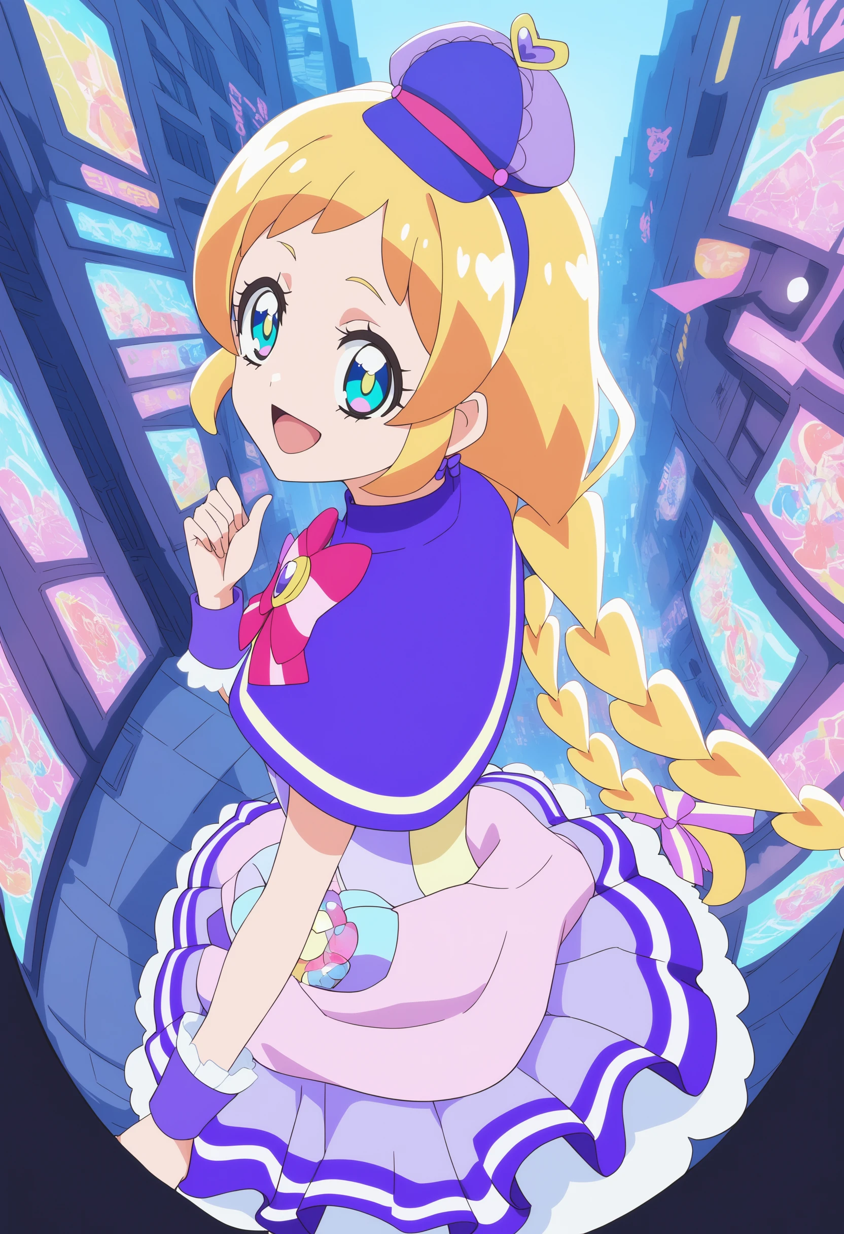 1girl, cure friendy, wonderful precure!,  <lora:friendyXLv1:0.8>,blonde hair, long hair, blue eyes, hat, twin braids,magical girl,
from side, fisheye lens, looking away, evil smile, in cyberpunk city, open mouth,
best quality,medium quality,