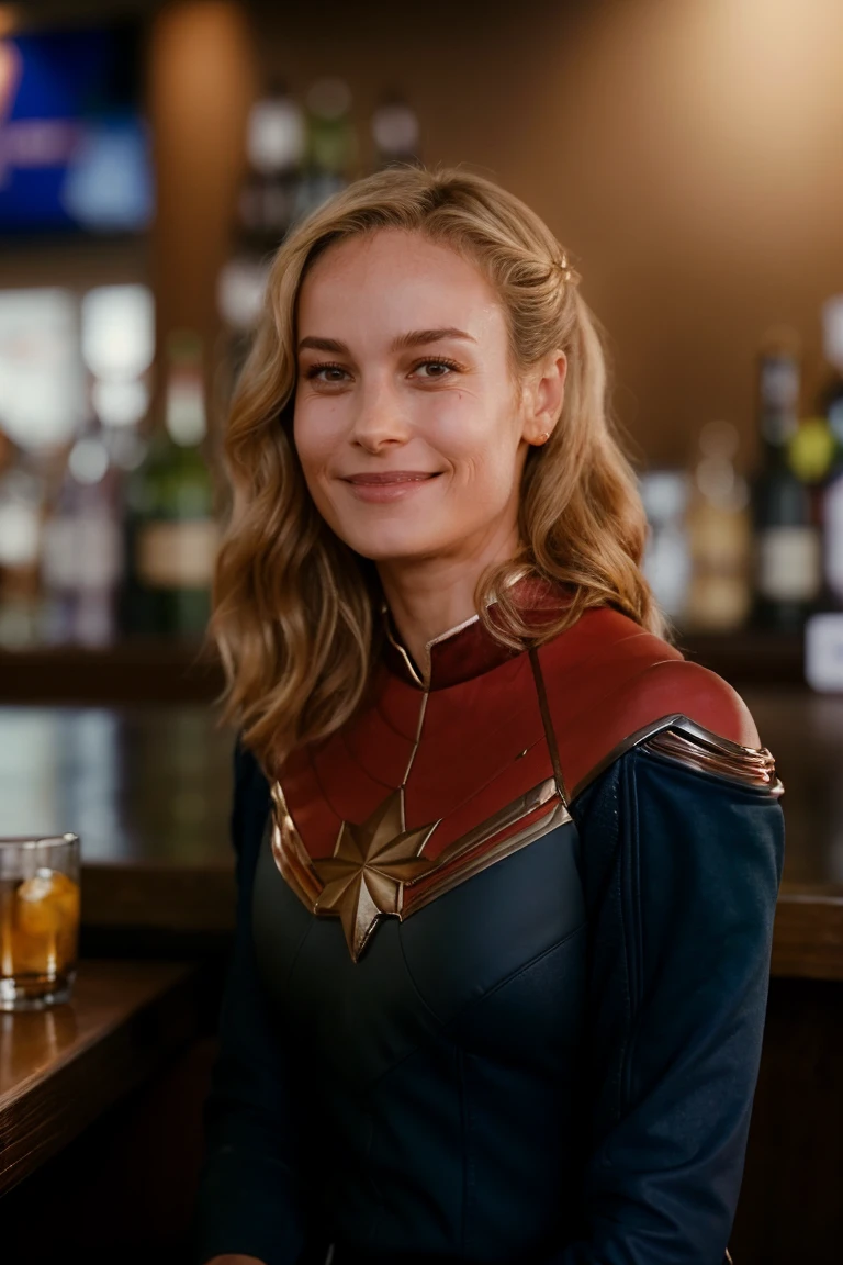 1girl, solo, portrait, sitting at a bar, smile, (looking at viewer:1.2), focus on face, blurry_background, bokeh, chromatic_aberration, depth_of_field, female focus, photorealistic, soft colors, masterpiece, high quality, (high detailed skin:1.1)
 <lora:captain_marvel_tm_lora_v01:1> marv3l, su1t