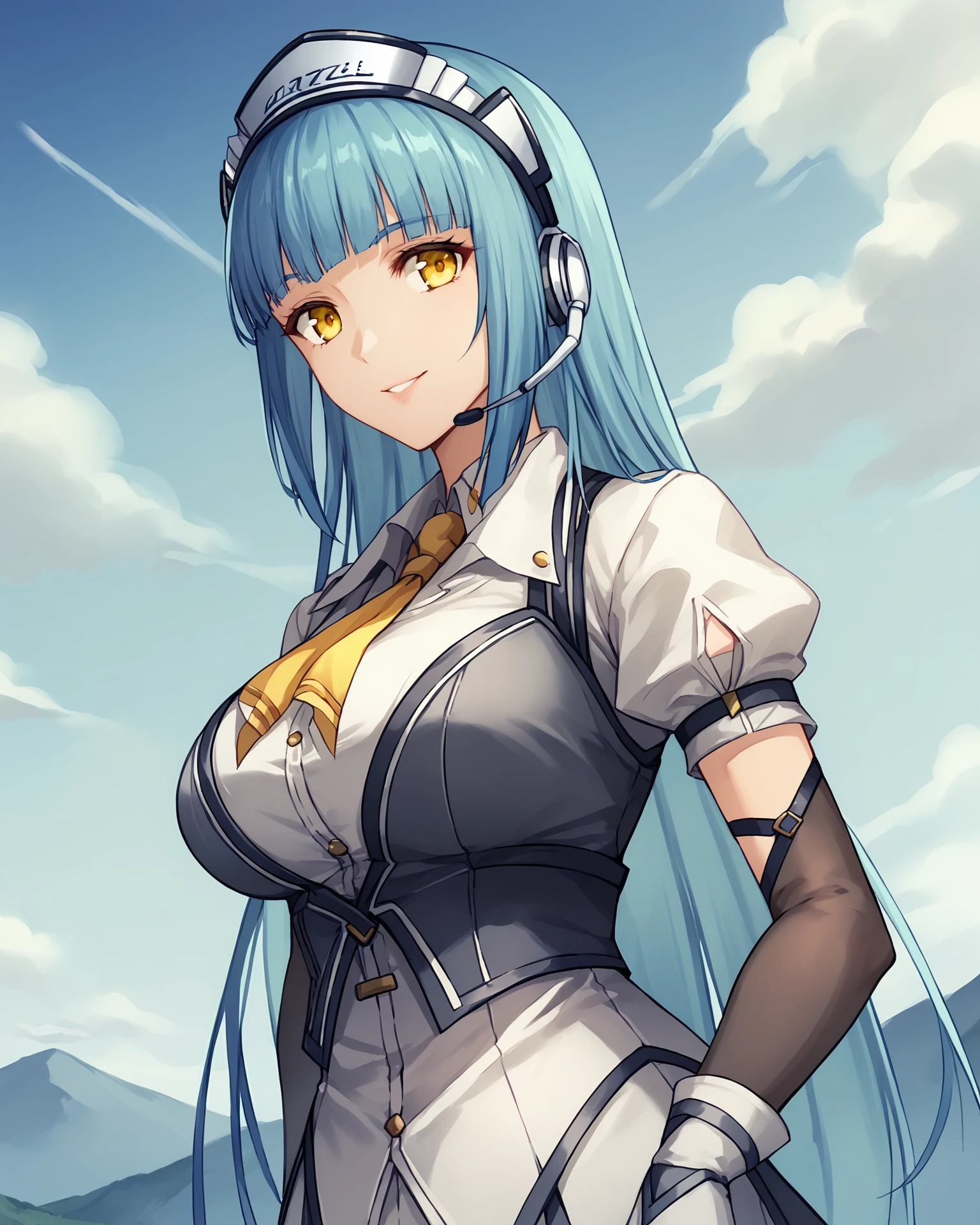 score_9, score_8_up, score_7_up, score_6_up, score_5_up, score_4_up, BREAK,
source_anime,
<lora:TrailsThroughDaybreak-Playable:0.9>, Risette Twinings, yellow eyes, blue hair, long hair, blunt bangs, large breasts, concierge, metal headpiece, headset, yellow neckerchief, elbow gloves, white gloves, waist apron, garter straps, black thighhighs, white boots, high heels,
looking at viewer, smile, upper body, portrait,
1girl, outdoors, sky, clouds, distant mountains