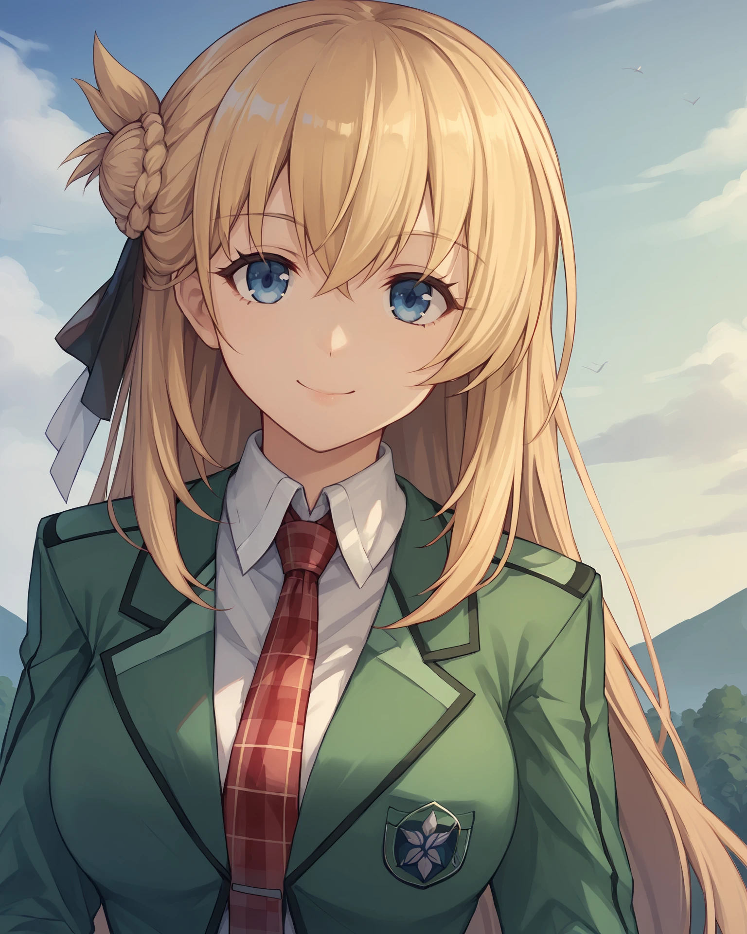 score_9, score_8_up, score_7_up, score_6_up, score_5_up, score_4_up, BREAK,
source_anime,
<lora:TrailsThroughDaybreak-Playable:0.9>, agnesuniform, blonde hair, long hair, low-tied long hair, hair ornament, blue eyes, large breasts, green school uniform, red necktie, black pleated skirt, black thighhighs, brown loafers,
looking at viewer, smile, upper body, portrait,
1girl, outdoors, sky, clouds, distant mountains
hinaki_\(hinaki_0102\)