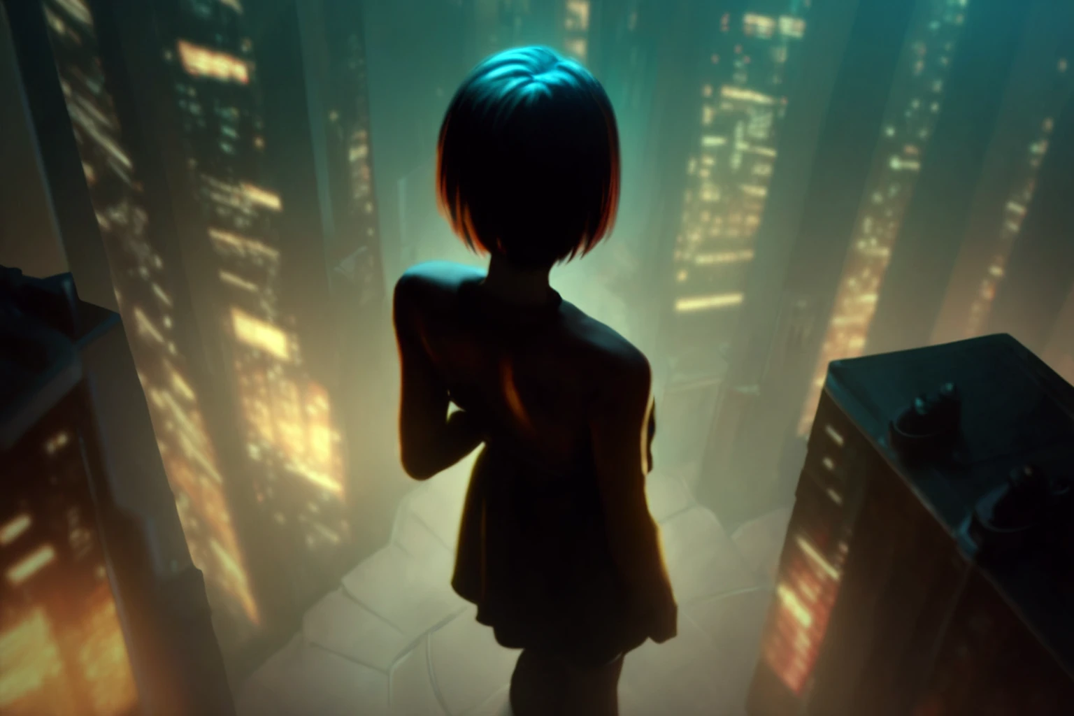 InnocenceStyle,1girl,solo,short hair,dress,standing,from behind,night,building,scenery,city,cityscape,dark,skyscraper,city lights,score_9, score_8_up, score_7_up, score_6_up, score_5_up, <lora:add-detail-xl:1.2> <lora:InnocenceStyle:1>