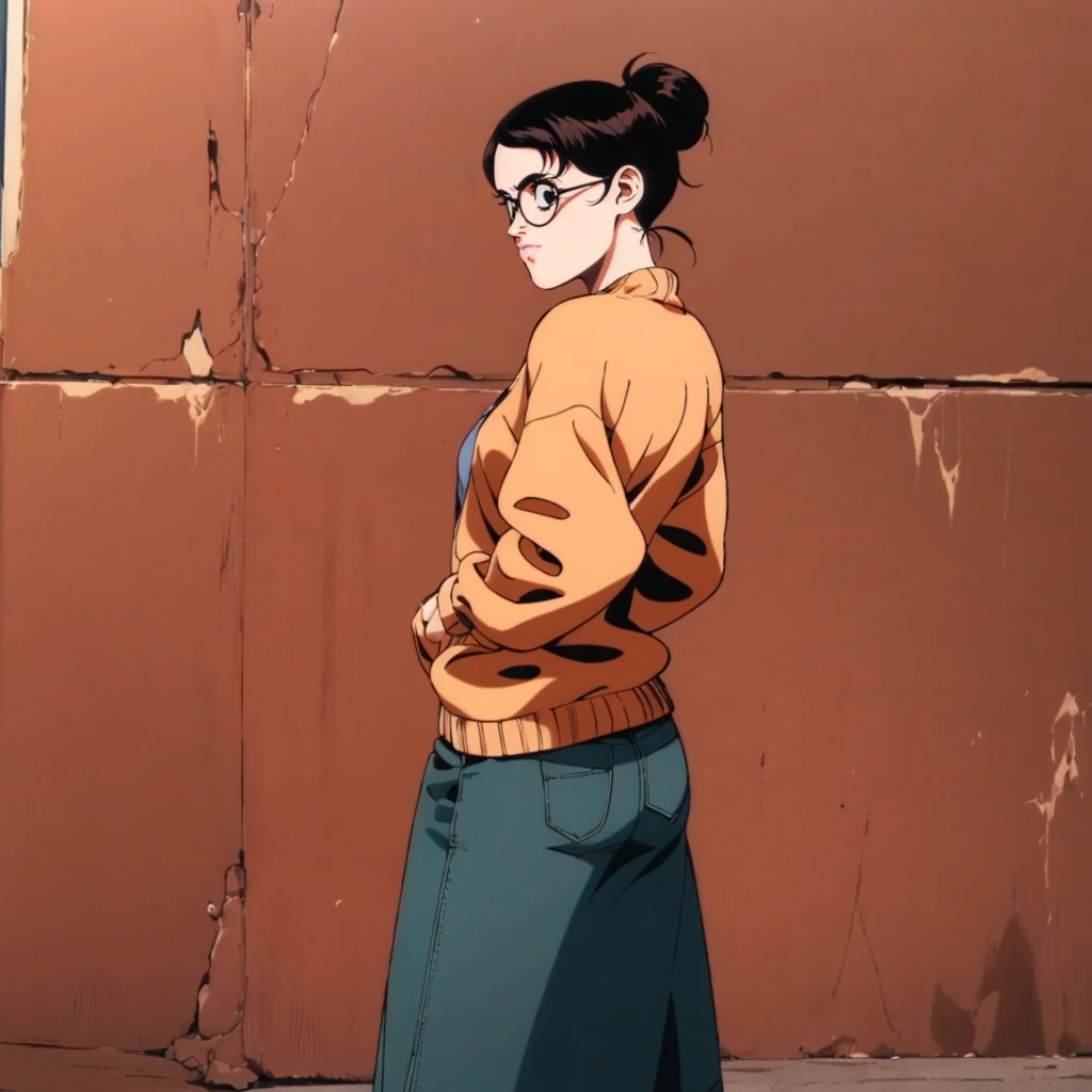 <lora:YogawaReika002:0.7>,<lora:add_detail:0.5>,<lora:noline:0.3>,<lora:boldline:-0.3>,solo,
YogawaReika,1woman,
hair bun,black hair,black eyes,glasses,
shirt,cardigan,
long skirt,
sneakers,
standing,
1990s (style),retro artstyle,looking back,