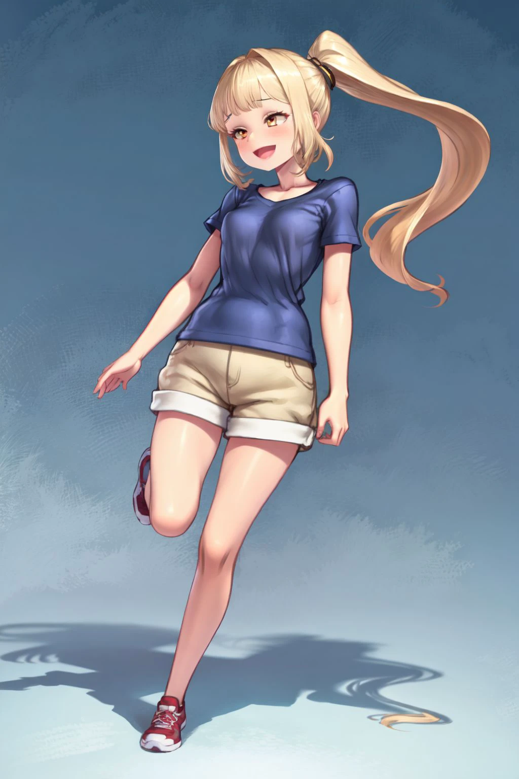 solo, 1girl, looking down, :D, beige hair, side ponytail, breasts, red t-shirt, blue background, full body, <lora:Yapo_(croquis_side)_style_v01.99.10:1>