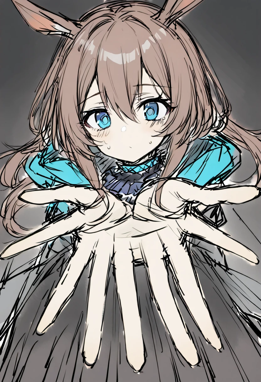 1girl,amiya \(arknights\),arknights,dirty face,outstretched hand,close-up,cinematic angle,foreshortening,blacksouls,sketch,dark,dark background,masterpiece,best quality,<lora:blacksoulsXL-000007:1>,